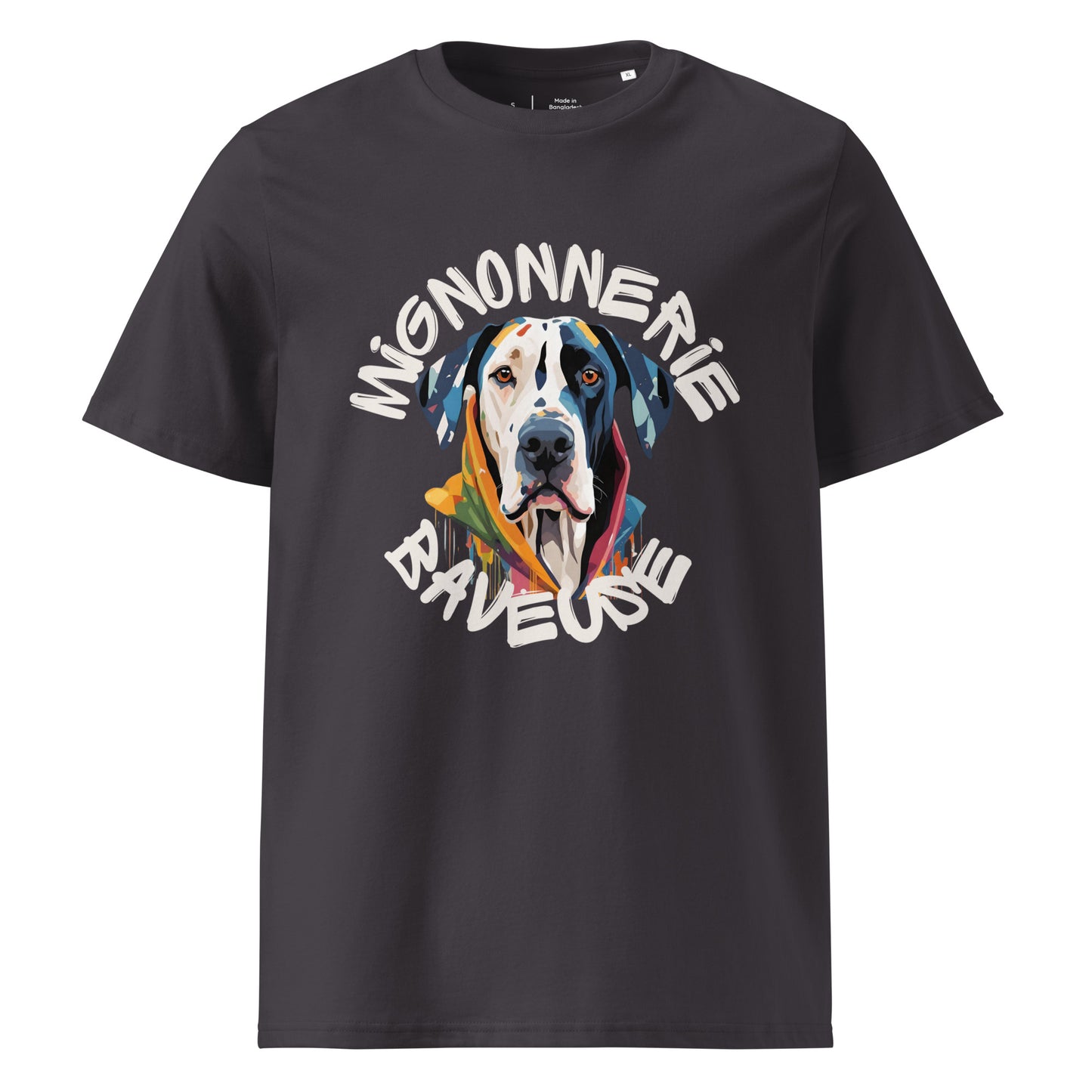 T-shirt couleur anthracite col rond manche courte 100% coton avec écriture "Mignonnerie Baveuse" autour d'un dessin de dogue allemand arlequin ou boston