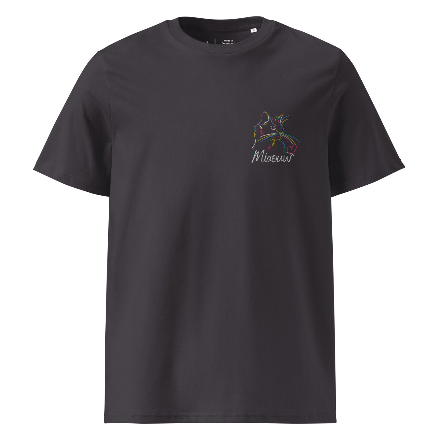 t-shirt anthracite col rond manche courte avec broderie colorée de chat avec inscription miaouw