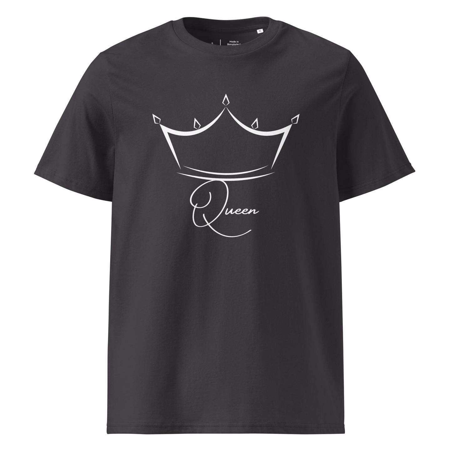 t-shirt anthracite encolure ronde manche courte 100% coton bio avec inscription Queen et le dessin d'une couronne