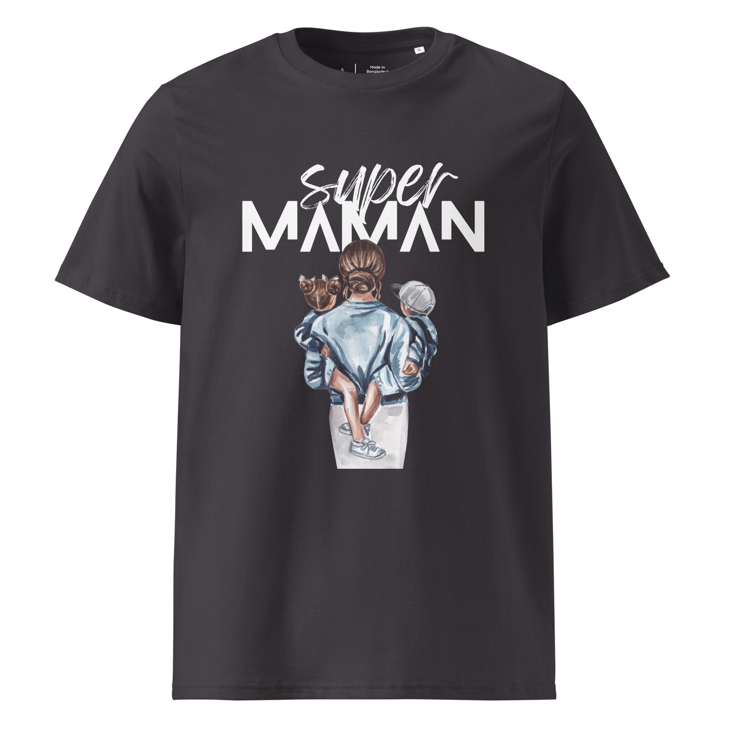 t-shirt anthracite encolure ronde manche courte 100% coton bio avec inscription "super Maman" et dessin d'une maman de dos portant ses deux enfants dans les bras
