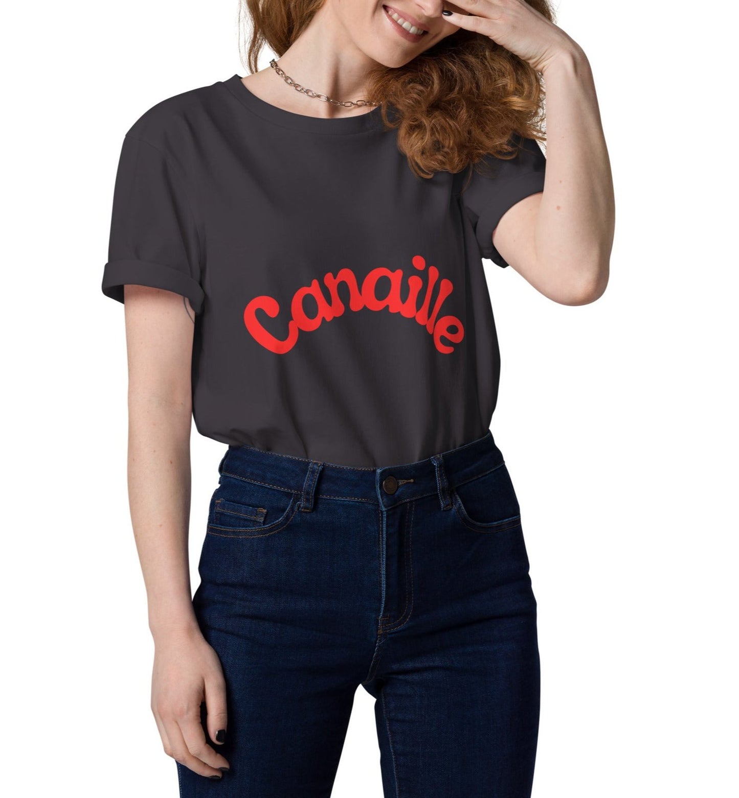 t-shirt unisexe anthracite col rond manche courte avec inscription : "Canaillou"