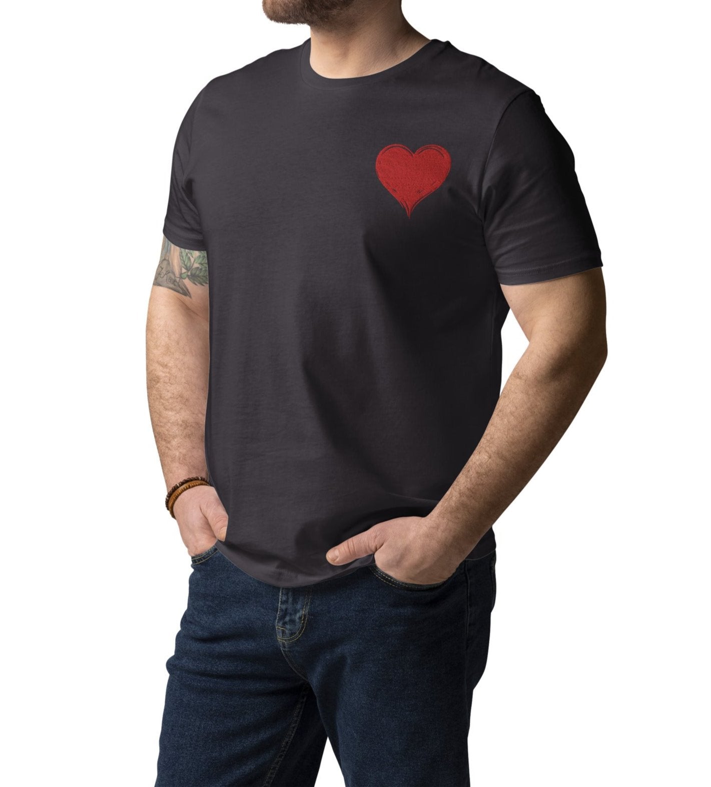 T-shirt Anthracite col rond manche courte 100% coton bio Avec "cœur rouge" brodé