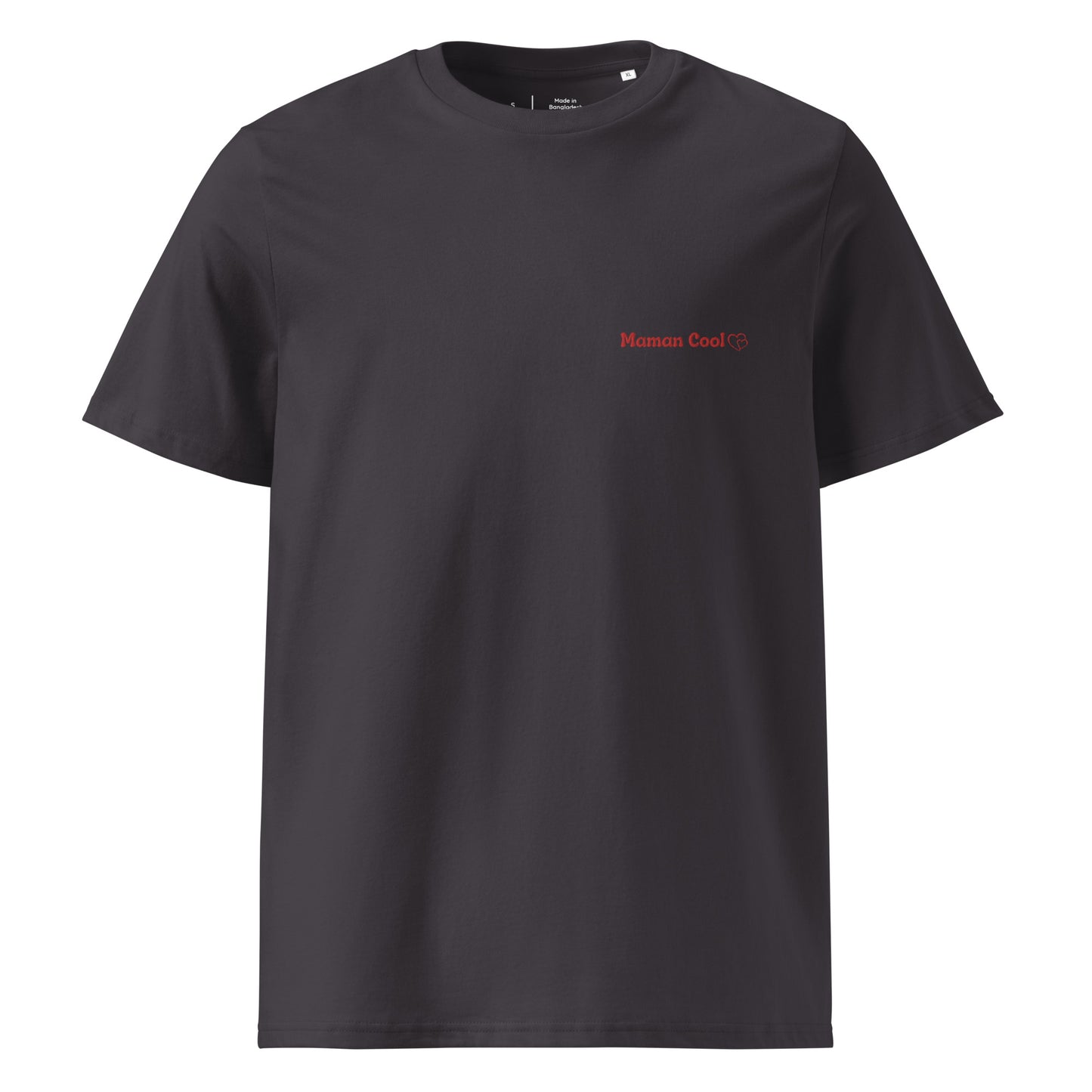 t-shirt anthracite col rond manche courte 100% coton bio avec inscription brodé "maman cool"