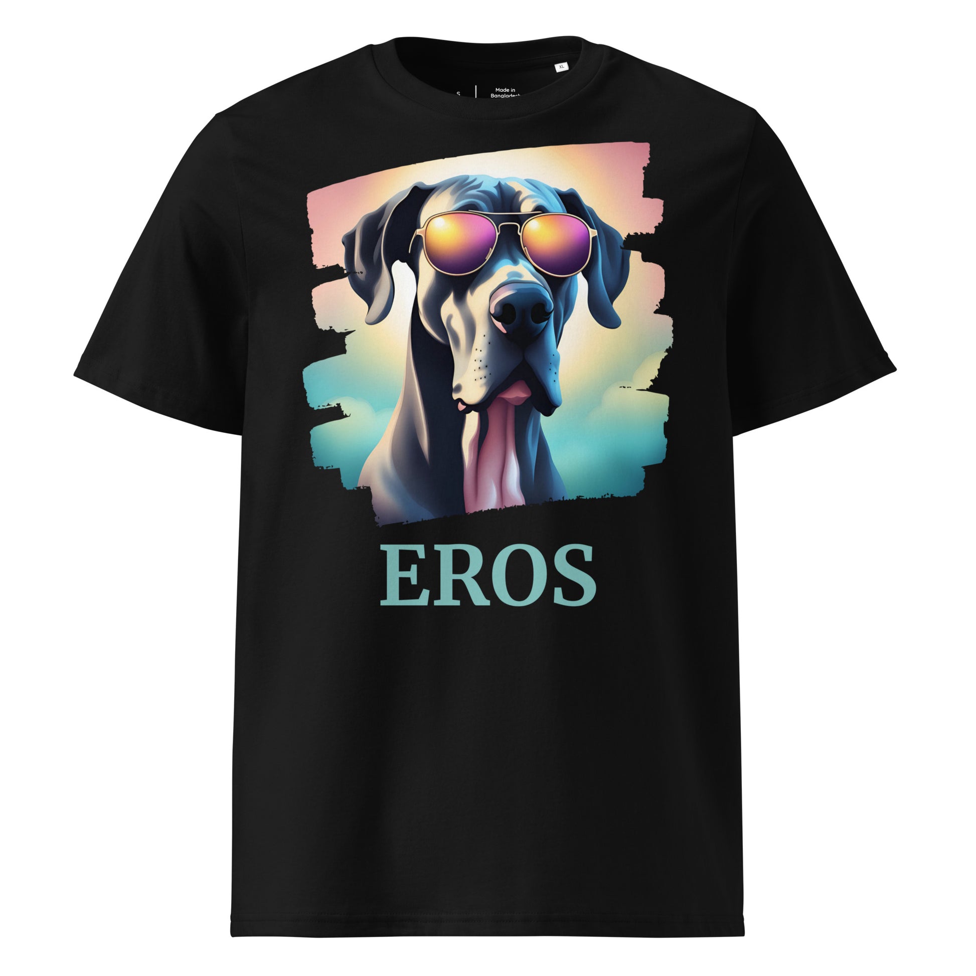 T-shirt adulte manche courte col rond de couleur noir avec comme dessin un dogue allemand, il est personnalisable avec le nom de votre chien