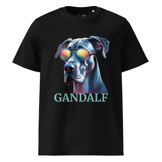 T-shirt adulte manche courte col rond de couleur noir avec comme dessin un dogue allemand qui a des lunettes de soleil, il est personnalisable avec le nom de votre chien