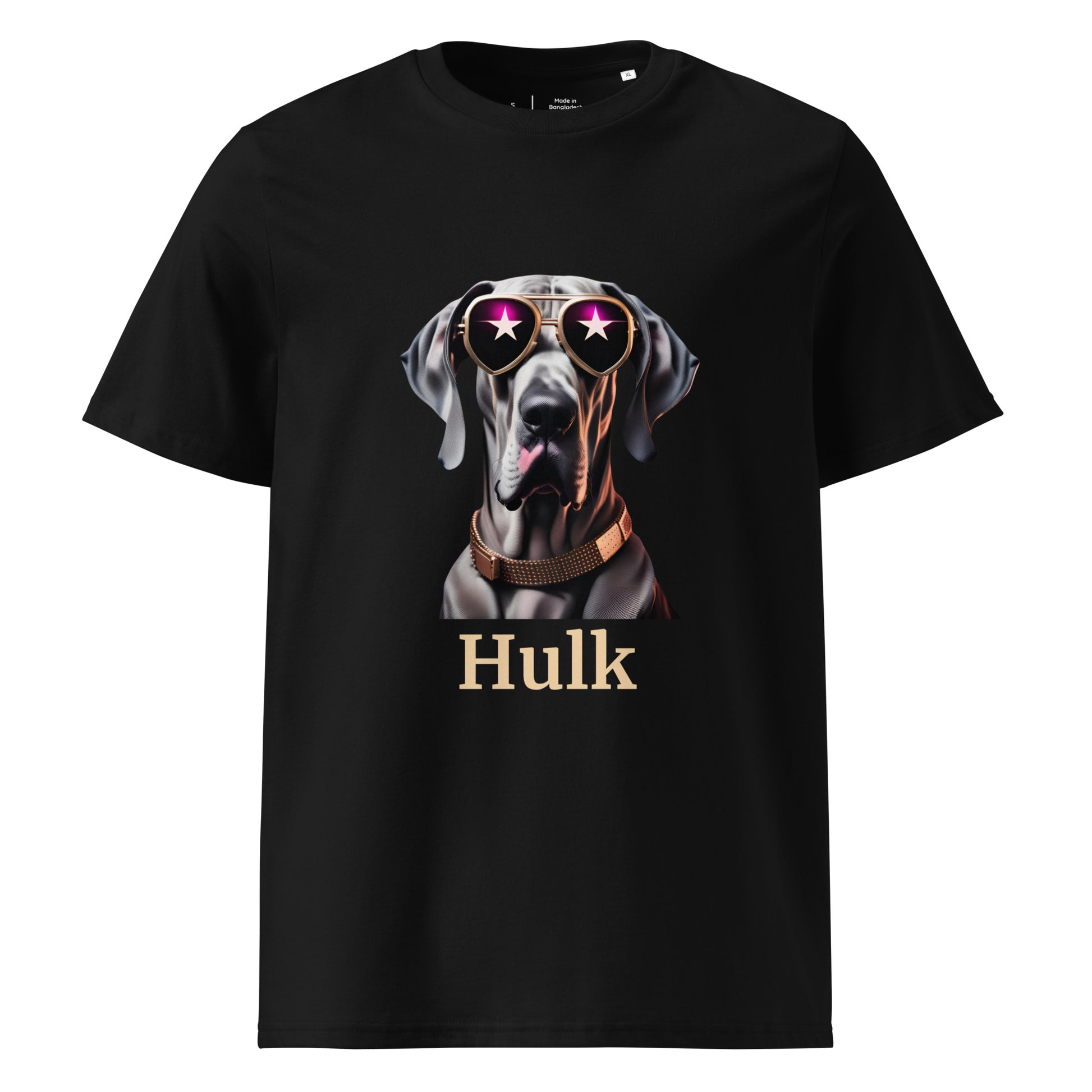 t-shirt de couleur noir col rond manche courte dessin de dogue allemand avec des lunettes de soleil stylé et un collier en cuivre personnalisation avec le nom de votre dogue en dessous du dessin