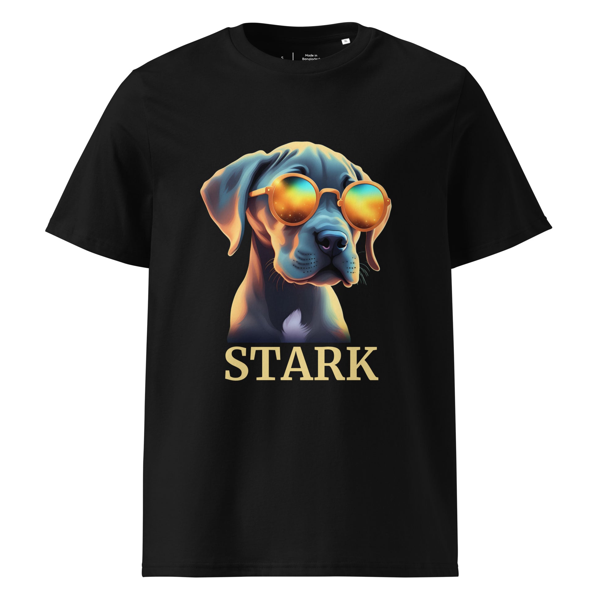T-shirt de couleur noir manche courte 100% coton bio avec comme dessin un bébé dogue allemand avec des lunettes avec personnalisation de mettre le nom de votre propre dogue