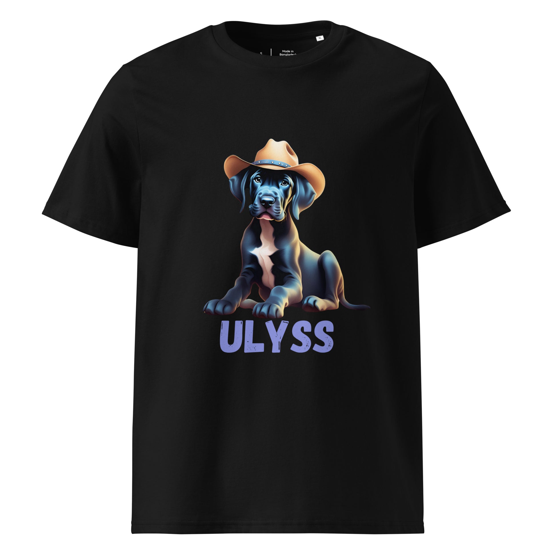 t-shirt de couleur noir col rond mache courte en 100% coton bio avec un dessin de bébé dogue allemand avec un chapeau de cowboy sur la tête avec comme personnalisation le nom de votre dogue en dessous du dessin