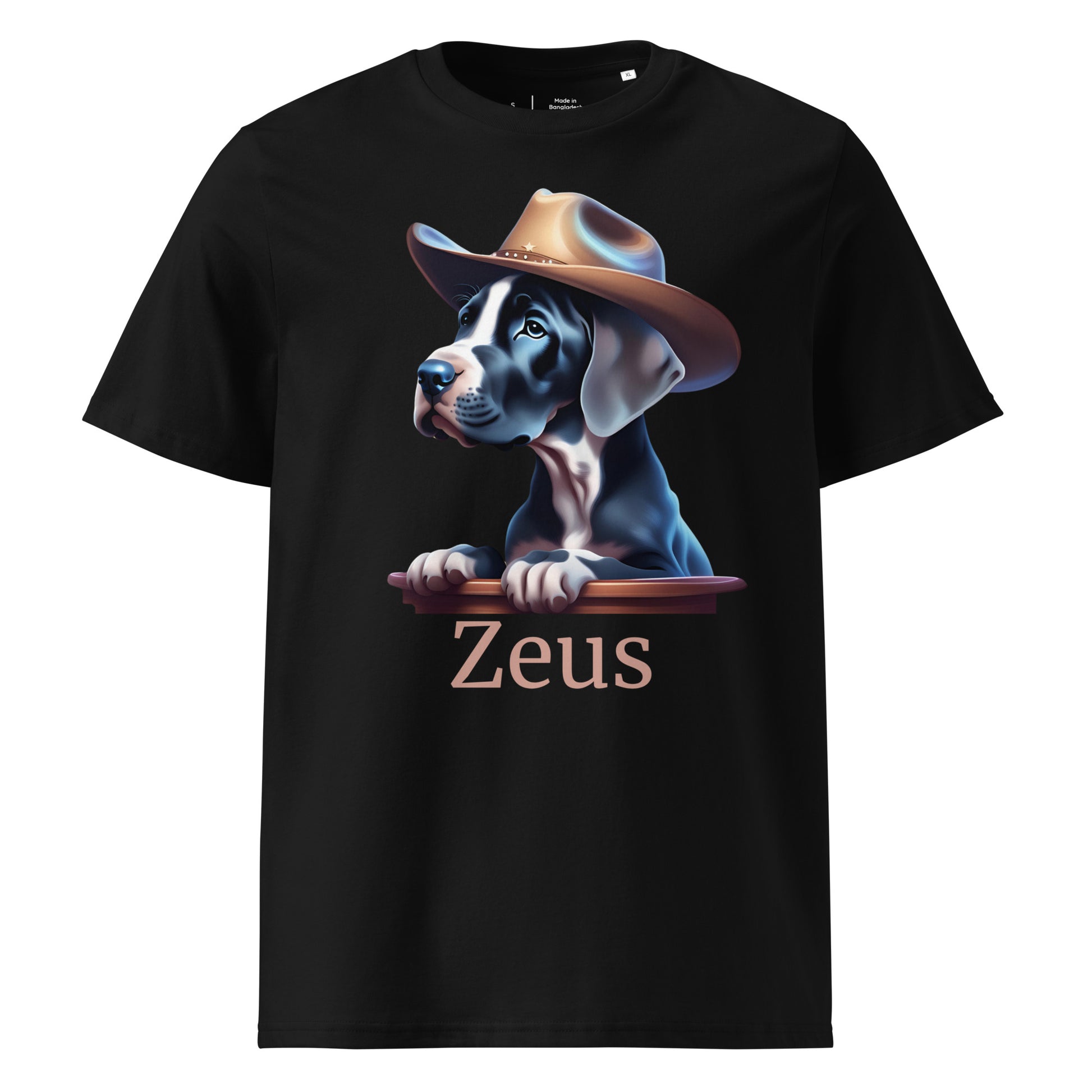 T-shirt noir en 100% coton bio avec manche courte et col rond avec un dessin de bébé dogue allemand avec un chapeau de cowboy avec personnalisation du nom de votre dogue