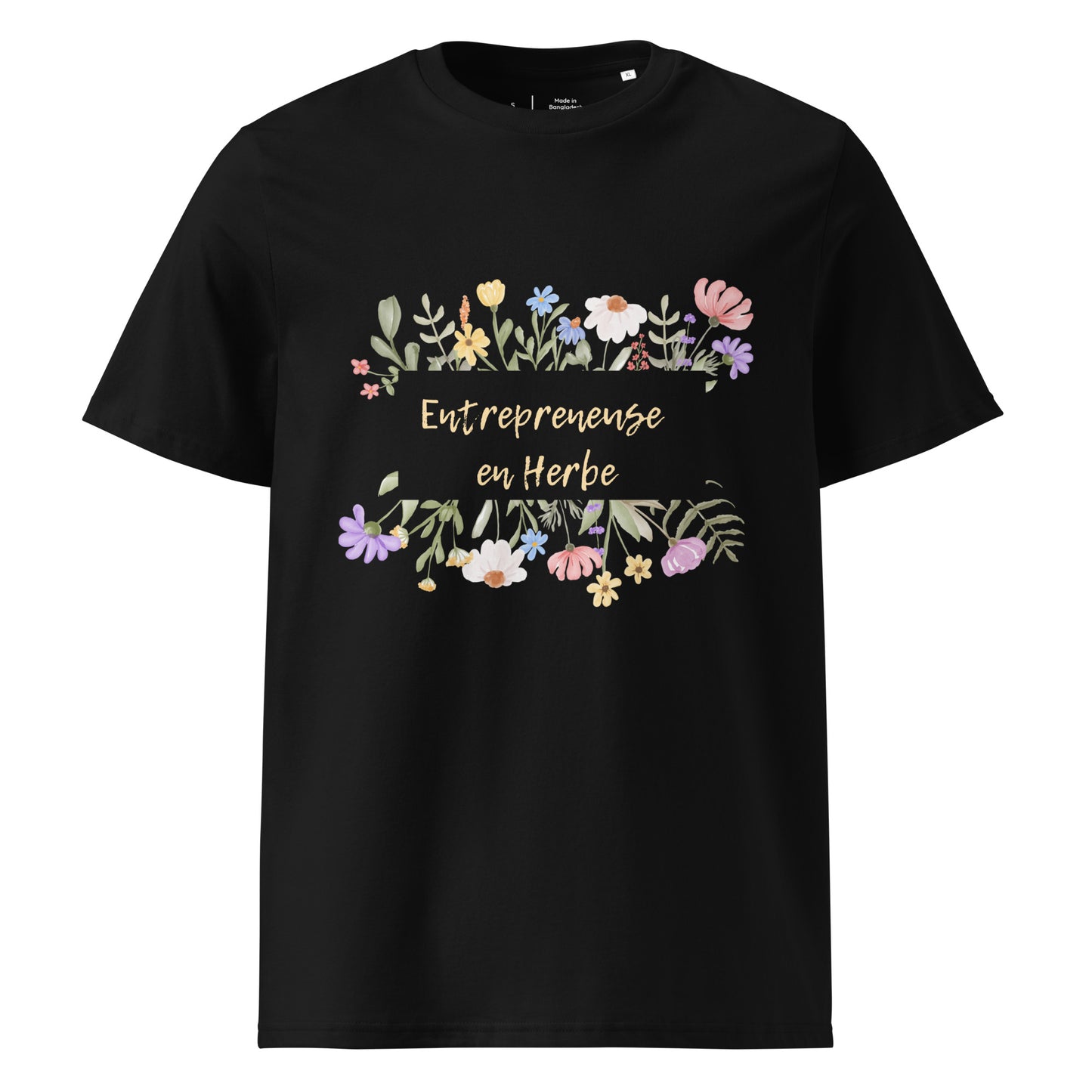 t-shirt femme noir col rond mache courte avec écrit "Entrepreneure en Herbe" entouré de fleurs et d'herbe