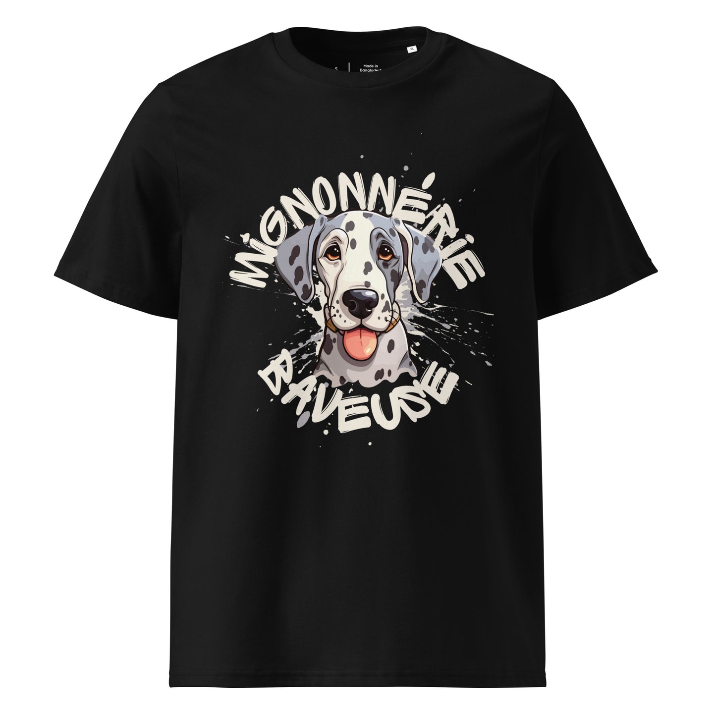 T-shirt de couleur noir encolure ronde et manche courte en 100% coton bio avec un dessin de Dogue Allemand Arlequin Avec écrit "Mignonnerie Baveuse"