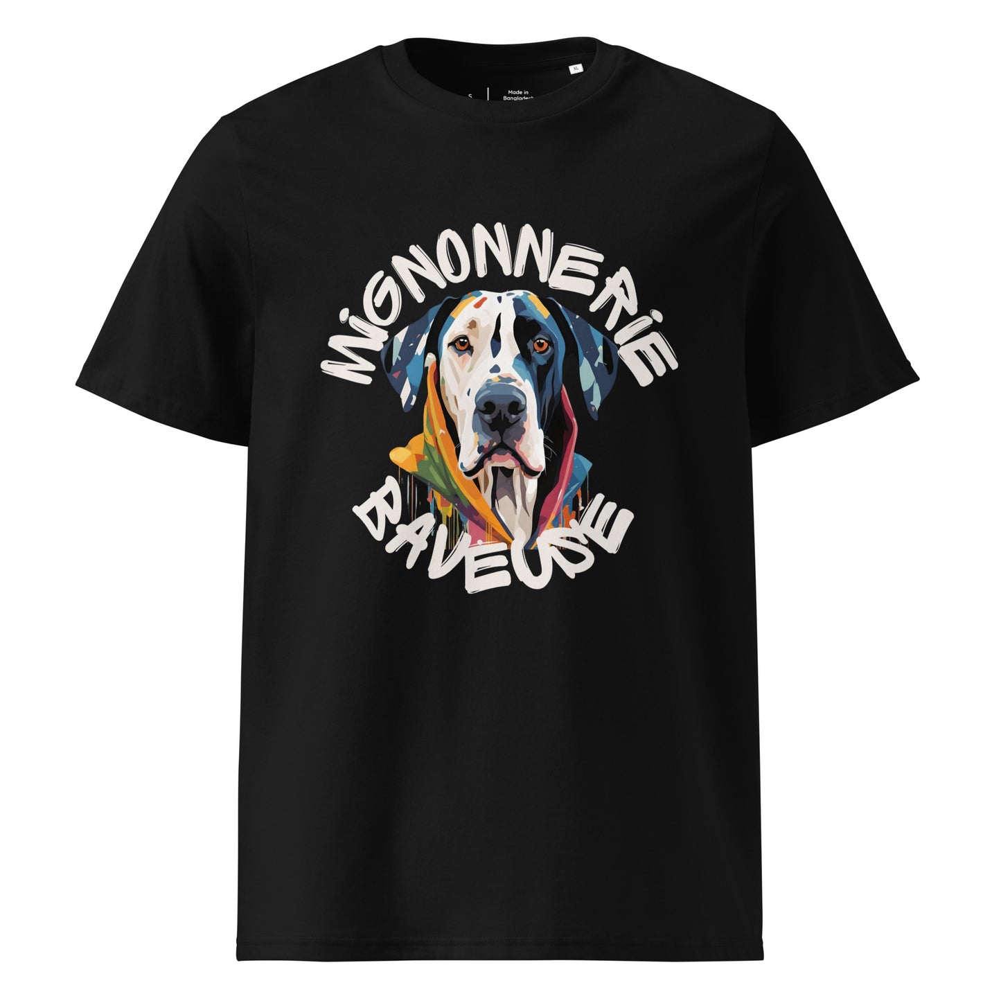 T-shirt couleur noir col rond manche courte 100% coton avec écriture "Mignonnerie Baveuse" autour d'un dessin de dogue allemand arlequin ou boston