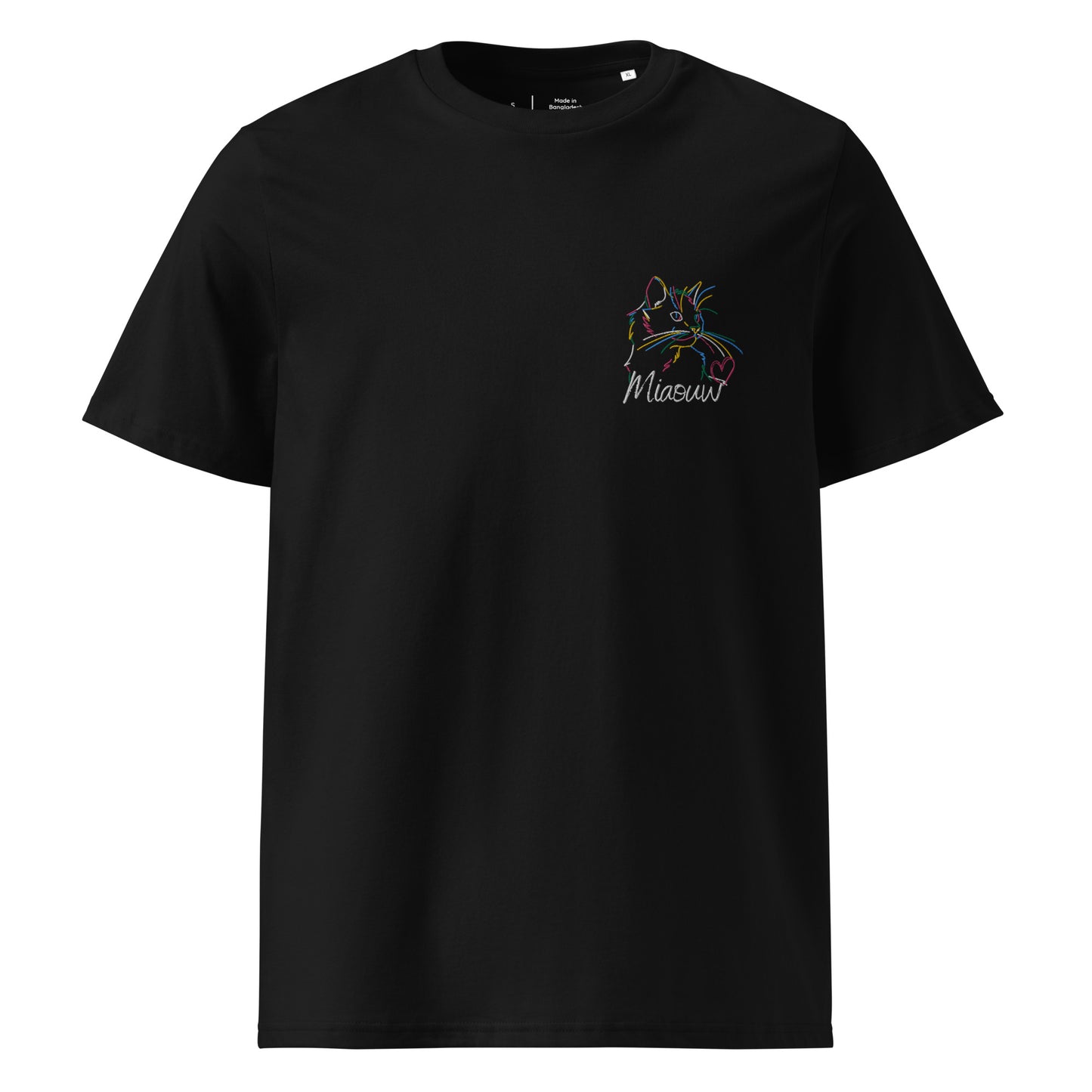 t-shirt noir col rond manche courte avec broderie colorée de chat avec inscription miaouw