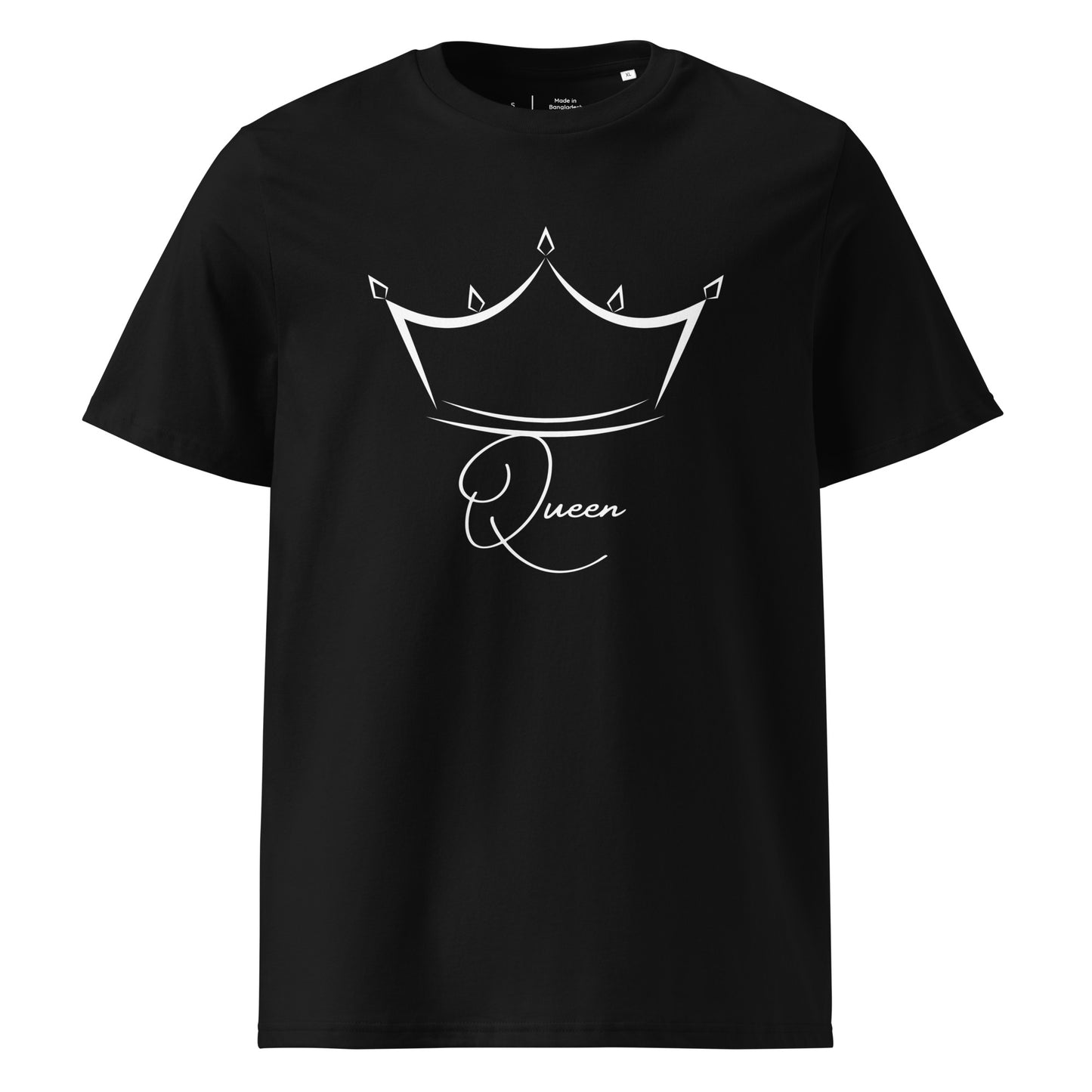 t-shirt noir encolure ronde manche courte 100% coton bio avec inscription Queen et le dessin d'une couronne