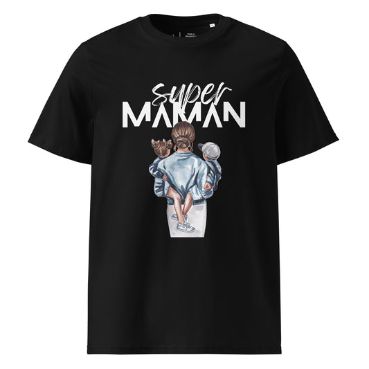 t-shirt noir encolure ronde manche courte 100% coton bio avec inscription "super Maman" et dessin d'une maman de dos portant ses deux enfants dans les bras