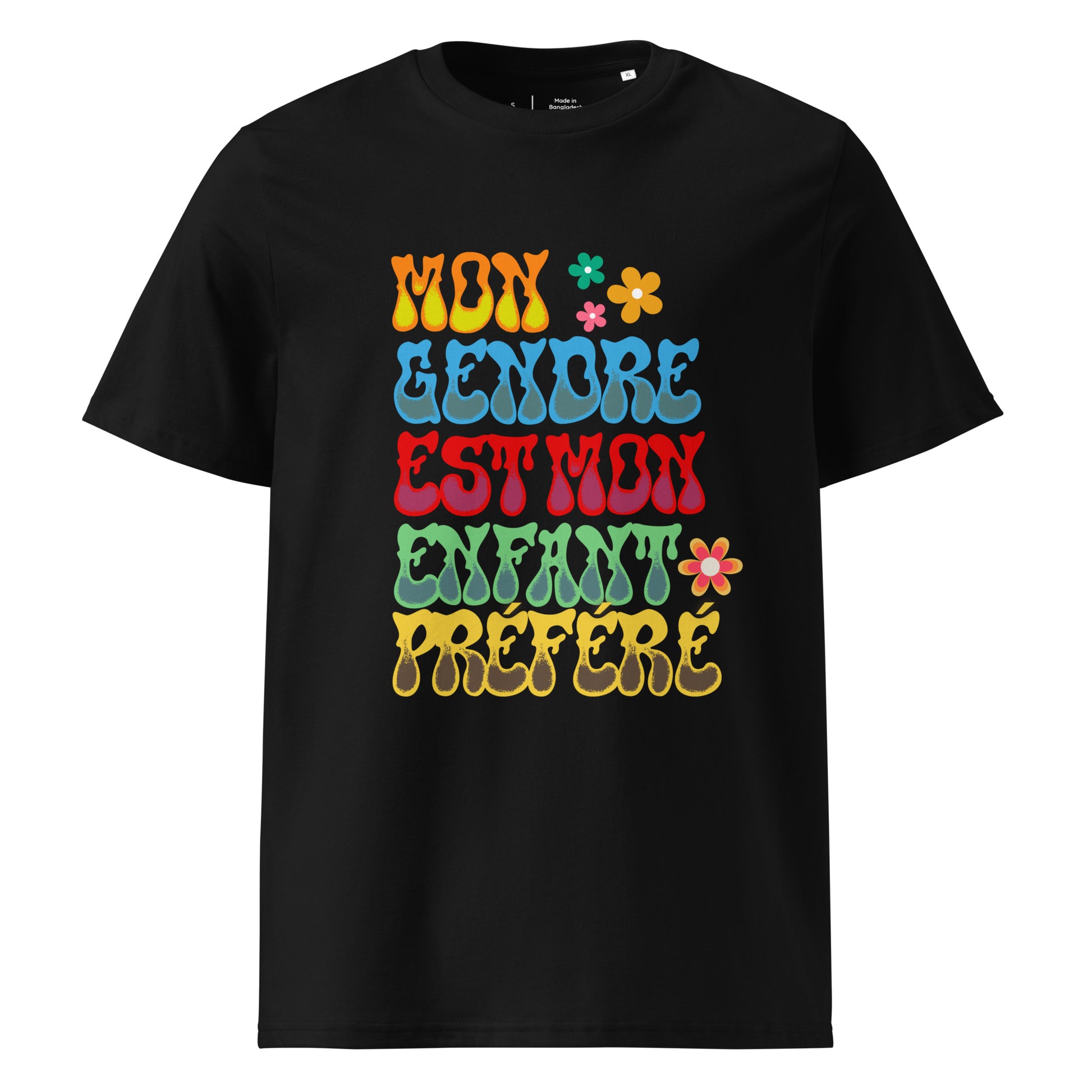 t-shirt de couleur noir 100% coton bio encolure ronde manche courte avec inscription colorée "mon gendre est mon enfant préféré"