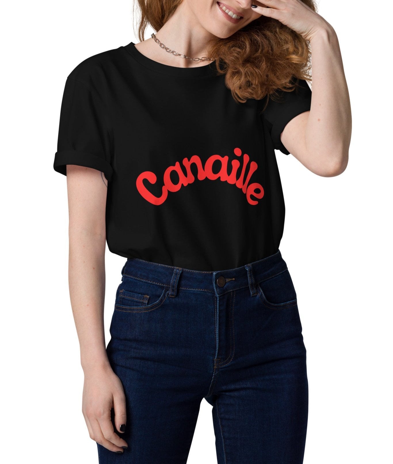 t-shirt unisexe noir col rond manche courte avec inscription : "Canaillou"