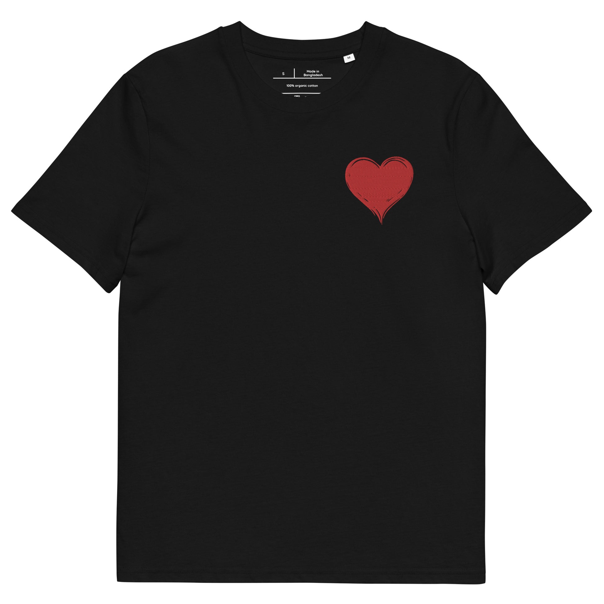 t-shirt noir col rond manche courte 100% coton bio avec un cœur rouge brodé