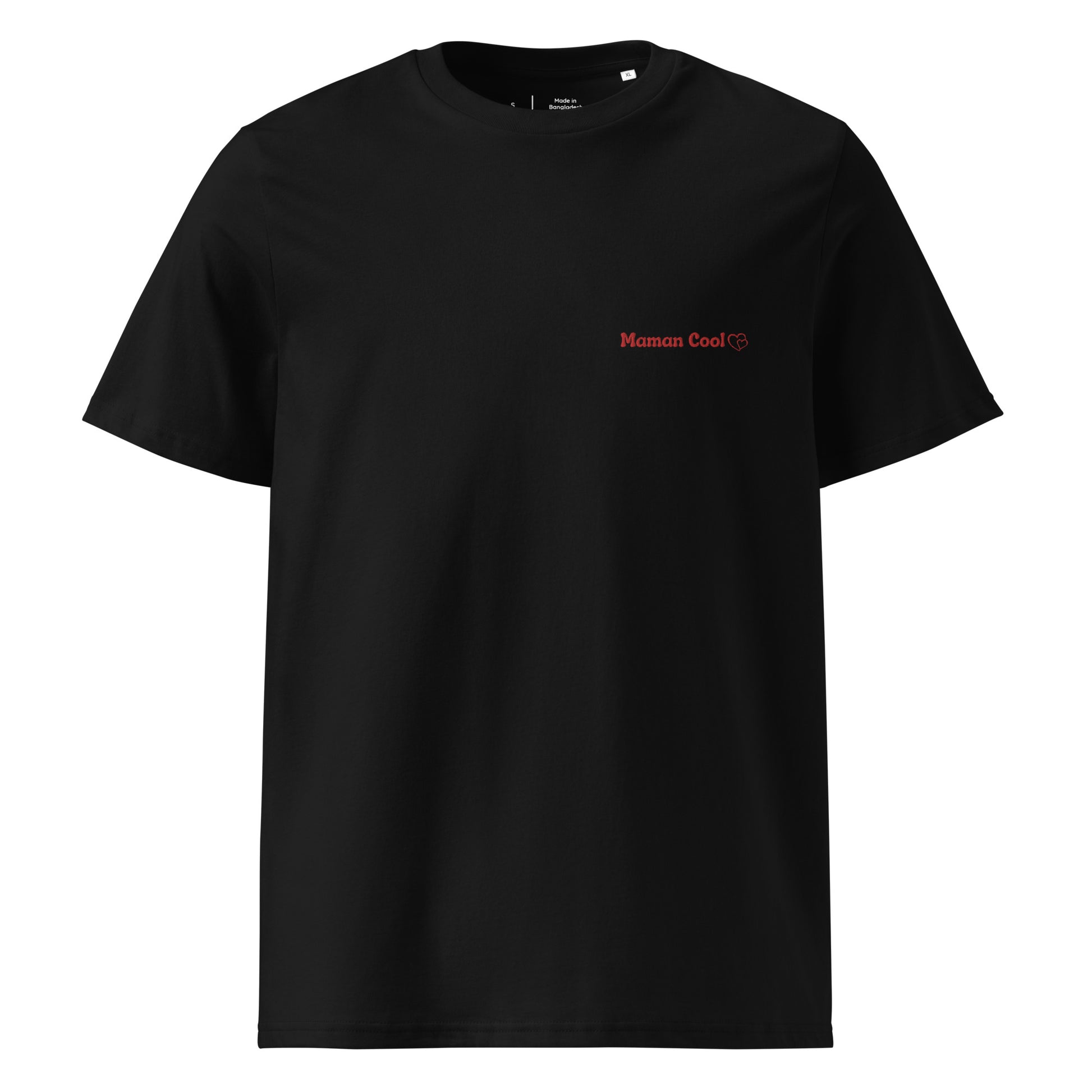 t-shirt noir col rond manche courte 100% coton bio avec inscription brodé "maman cool"