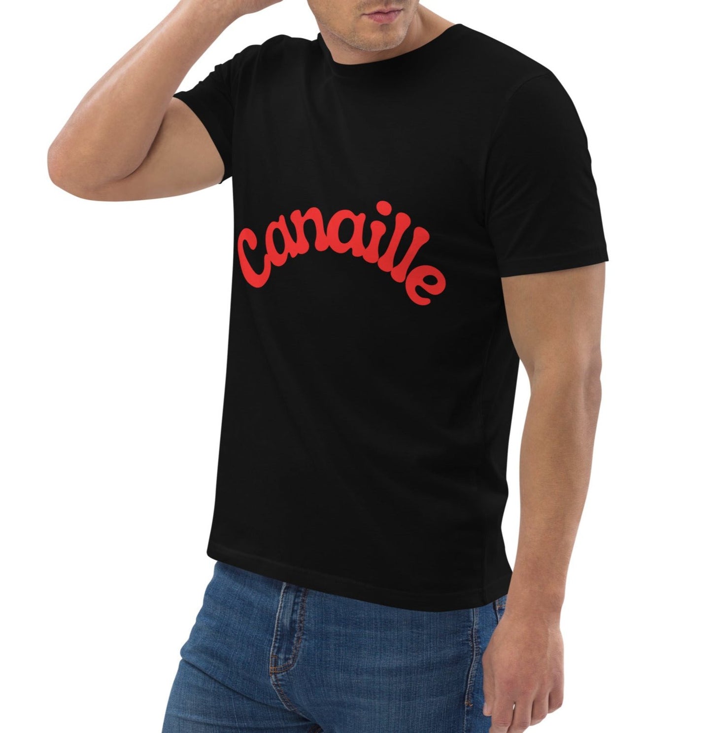 t-shirt unisexe noir col rond manche courte avec inscription : "Canaillou"