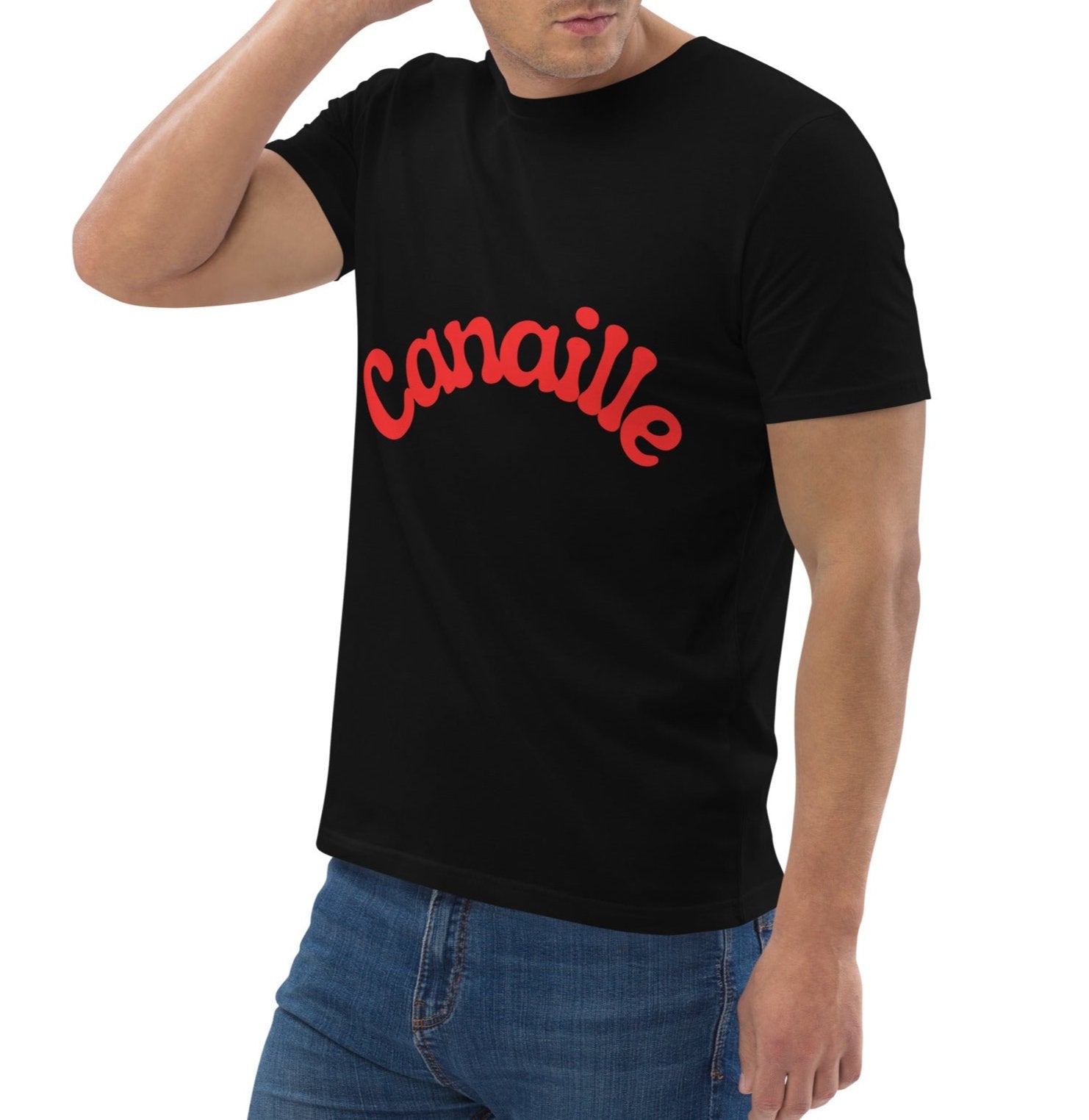 t-shirt unisexe noir col rond manche courte avec inscription : "Canaillou"