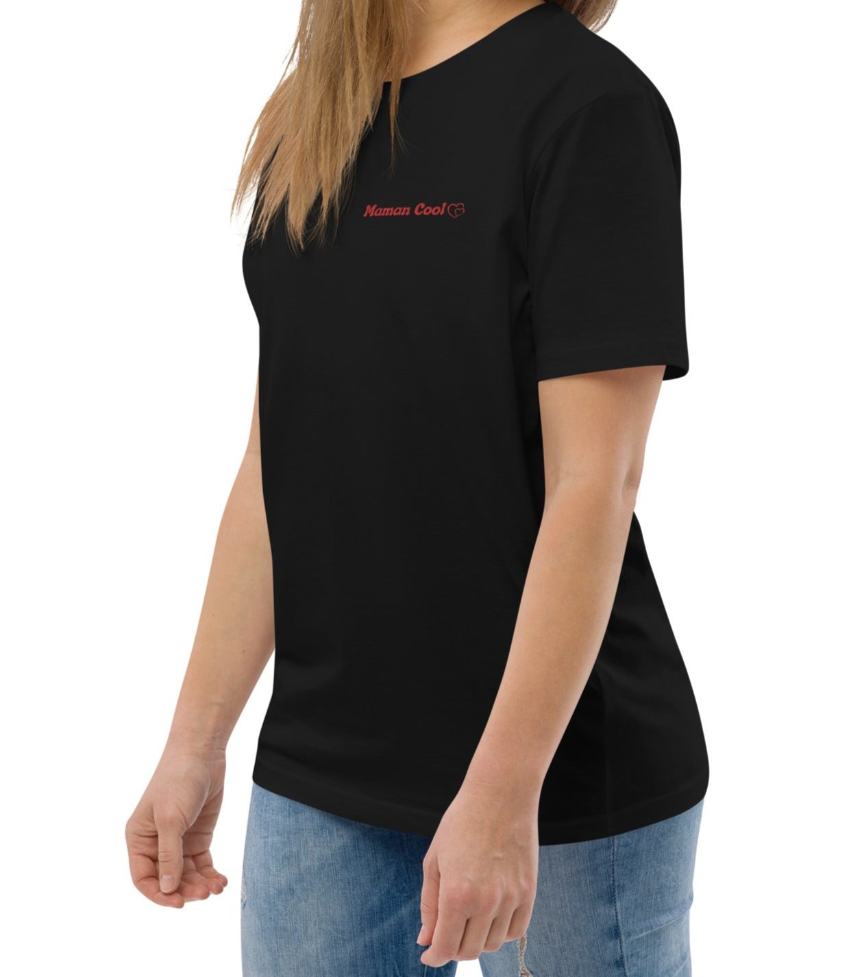 t-shirt noir col rond manche courte 100% coton bio avec inscription brodé "maman cool"