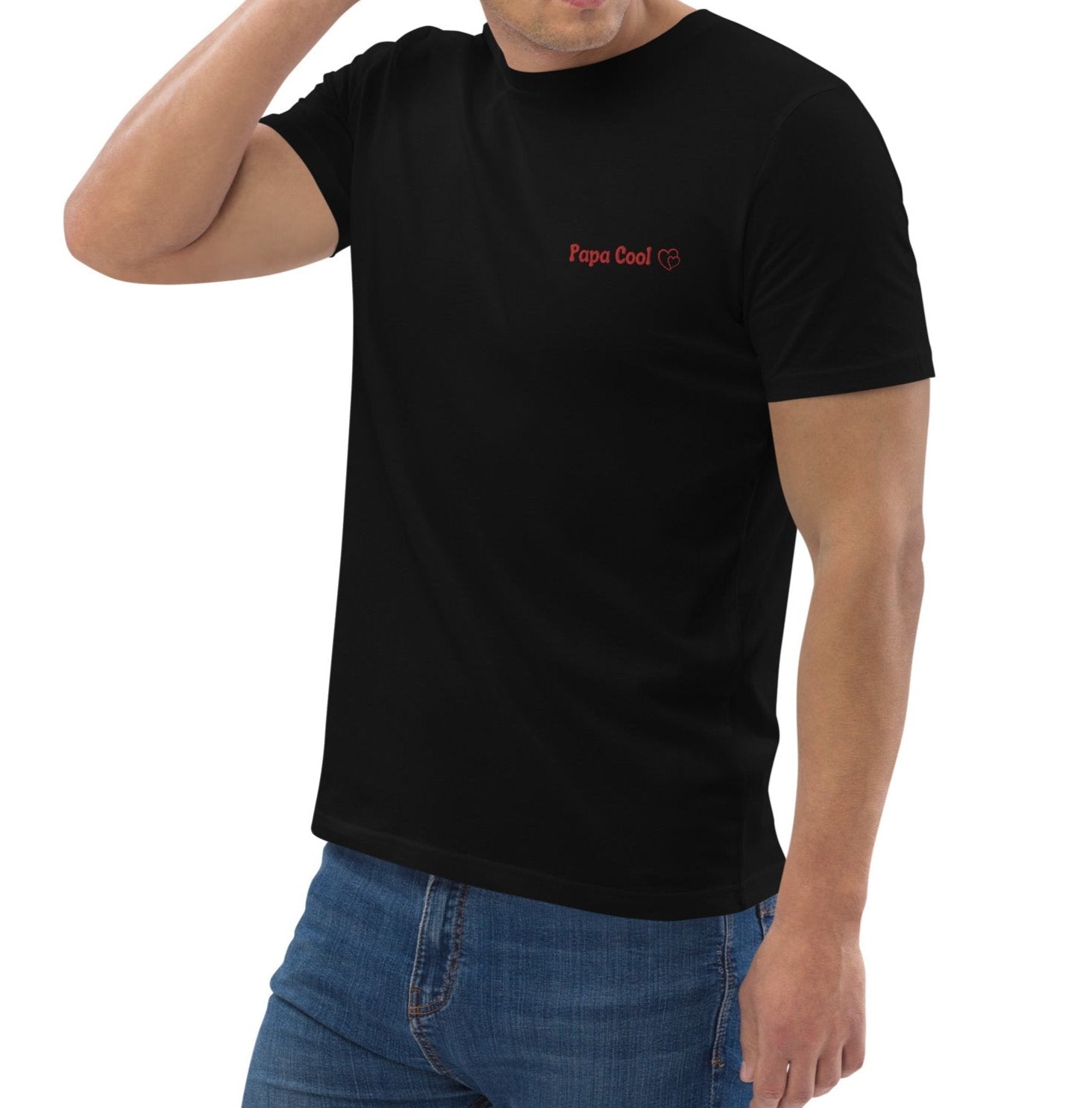 T-shirt noir manche courte col rond 100% coton bio brodé "papa cool"
