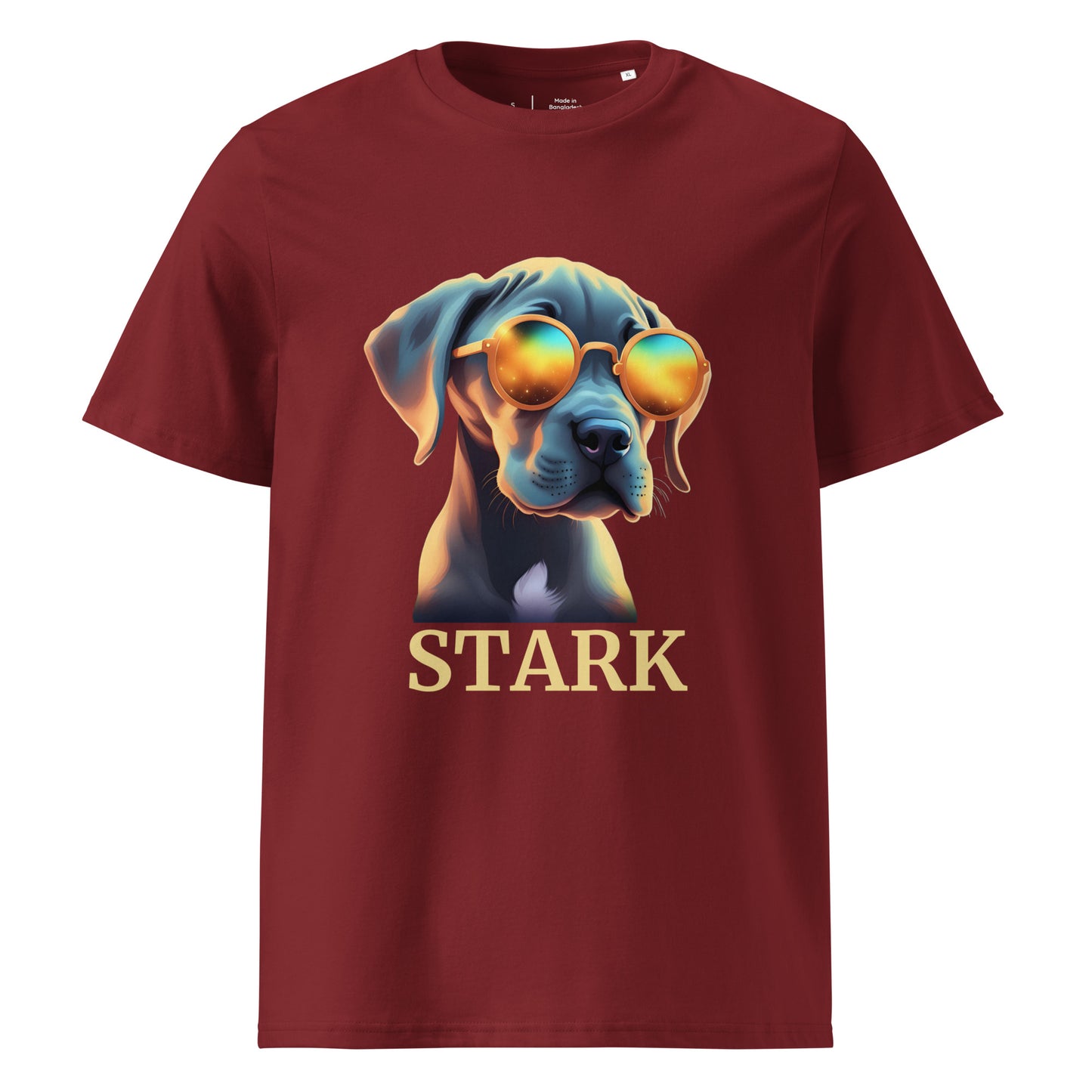 T-shirt de couleur brique manche courte 100% coton bio avec comme dessin un bébé dogue allemand avec des lunettes avec personnalisation de mettre le nom de votre propre dogue