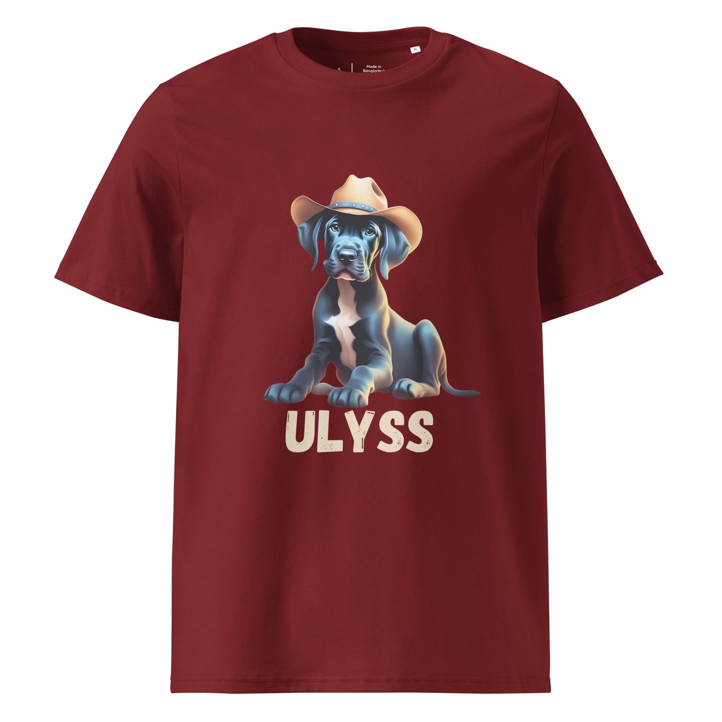 t-shirt de couleur brique col rond mache courte en 100% coton bio avec un dessin de bébé dogue allemand avec un chapeau de cowboy sur la tête avec comme personnalisation le nom de votre dogue en dessous du dessin