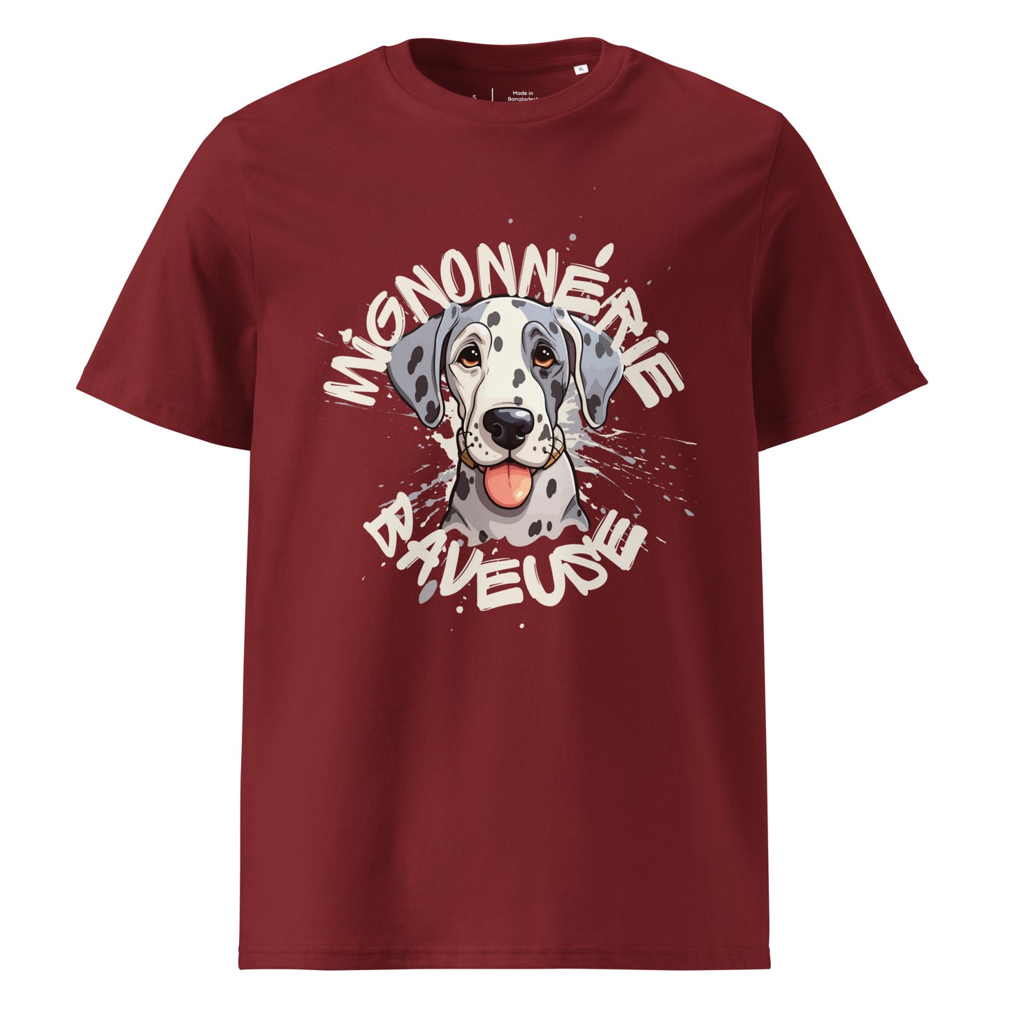 T-shirt de couleur brique encolure ronde et manche courte en 100% coton bio avec un dessin de Dogue Allemand Arlequin Avec écrit "Mignonnerie Baveuse"