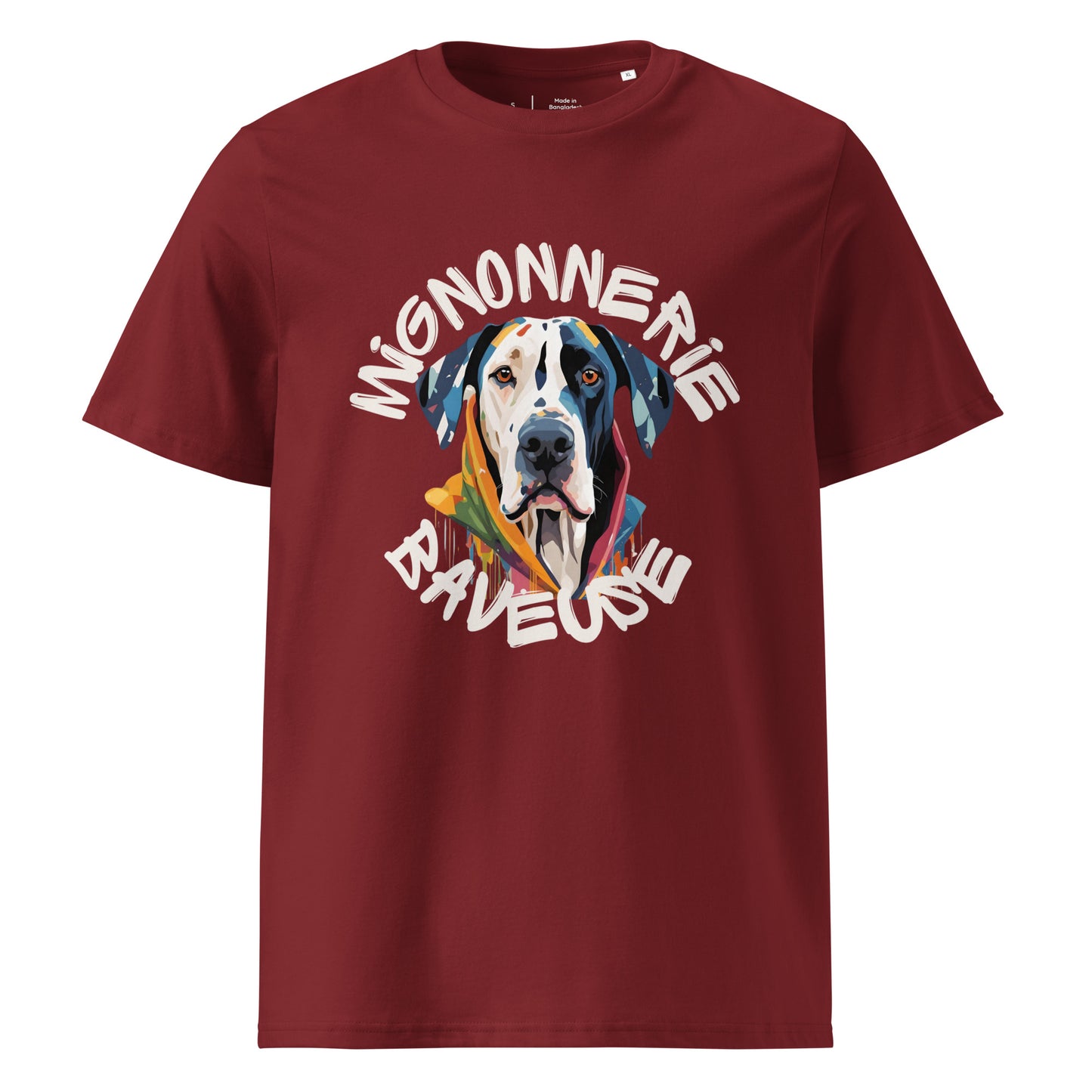 T-shirt couleur brique col rond manche courte 100% coton avec écriture "Mignonnerie Baveuse" autour d'un dessin de dogue allemand arlequin ou boston