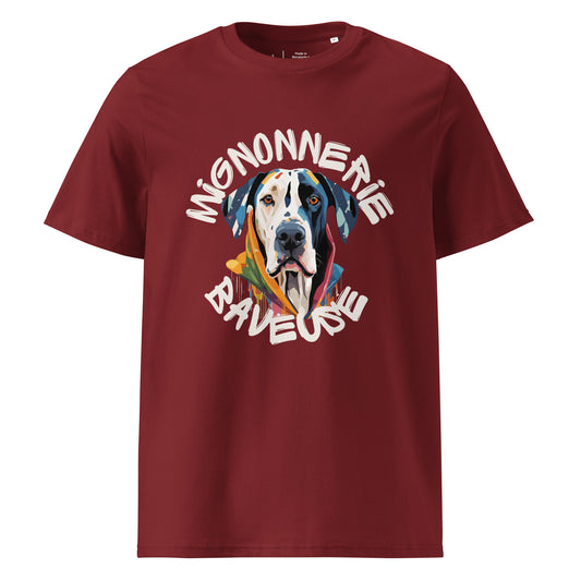 T-shirt couleur brique col rond manche courte 100% coton avec écriture "Mignonnerie Baveuse" autour d'un dessin de dogue allemand arlequin ou boston