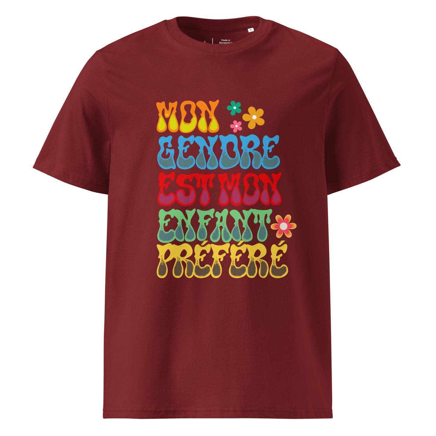 t-shirt de couleur brique 100% coton bio encolure ronde manche courte avec inscription colorée "mon gendre est mon enfant préféré"