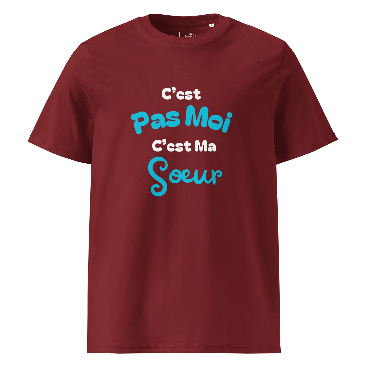 t-shirt brique 100% coton bio manche courte col rond avec inscription "C'est pas moi c'est ma sœur" 