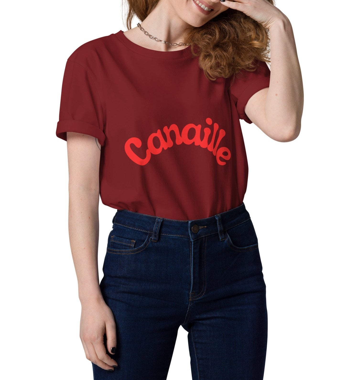 t-shirt unisexe brique col rond manche courte avec inscription : "Canaillou"