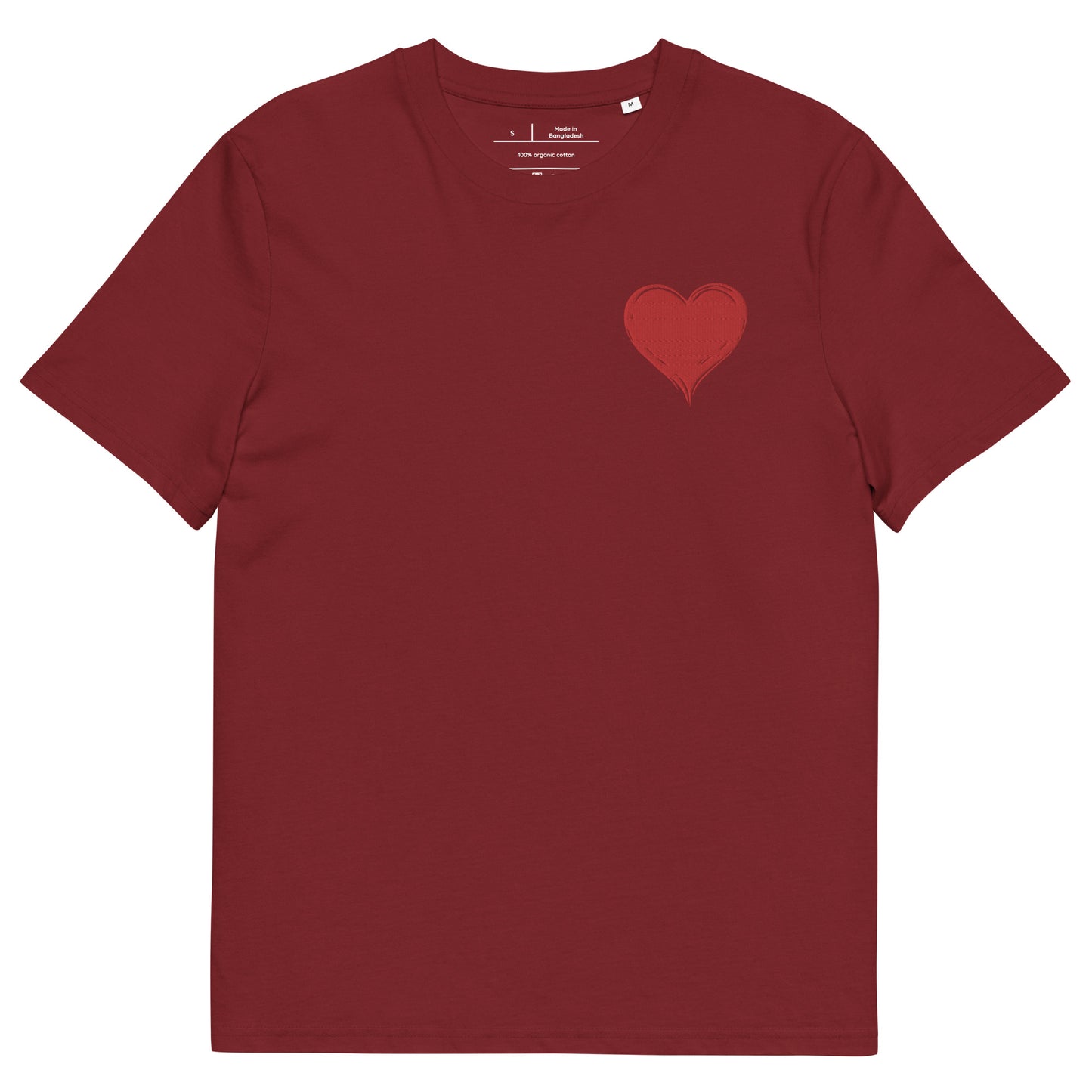 t-shirt brique col rond manche courte 100% coton bio avec un cœur rouge brodé