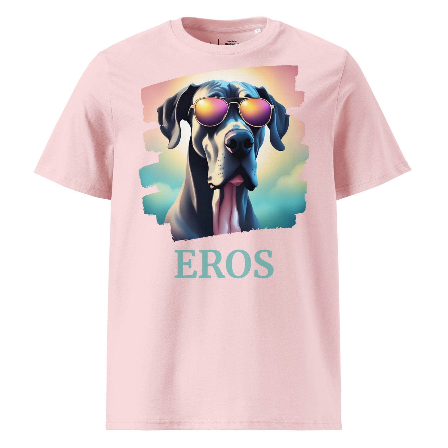 T-shirt adulte manche courte col rond de couleur rose clair avec comme dessin un dogue allemand, il est personnalisable avec le nom de votre chien