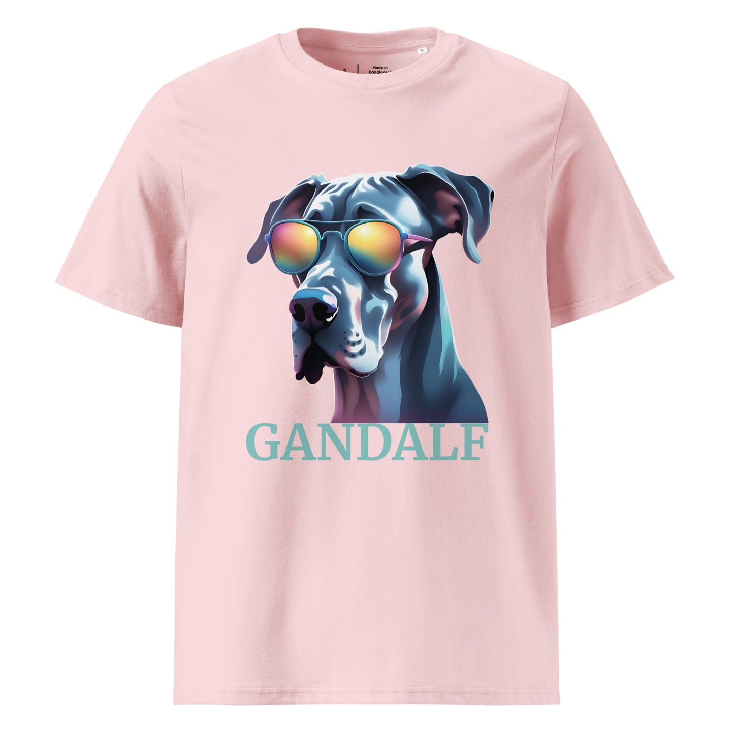 T-shirt adulte manche courte col rond de couleur rose clair avec comme dessin un dogue allemand qui a des lunettes de soleil, il est personnalisable avec le nom de votre chien