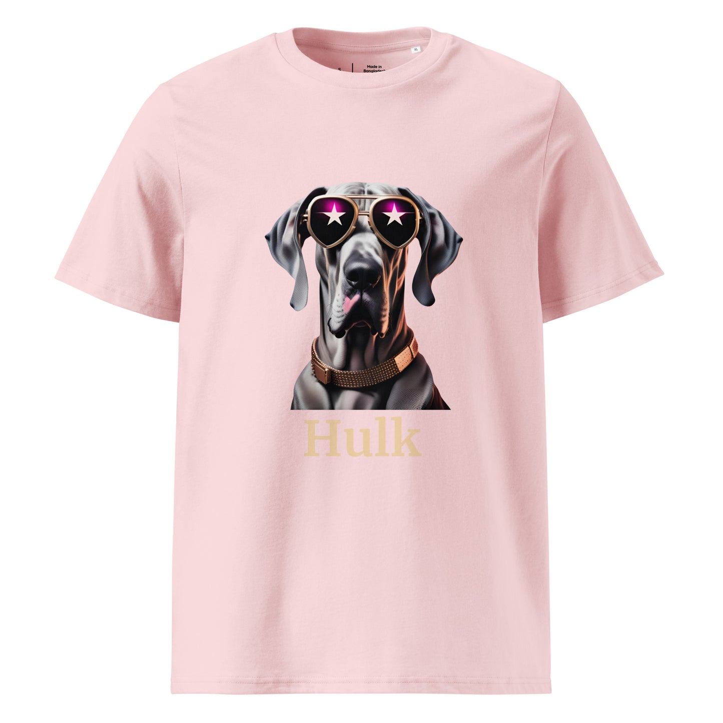 t-shirt de couleur rose col rond manche courte dessin de dogue allemand avec des lunettes de soleil stylé et un collier en cuivre personnalisation avec le nom de votre dogue en dessous du dessin