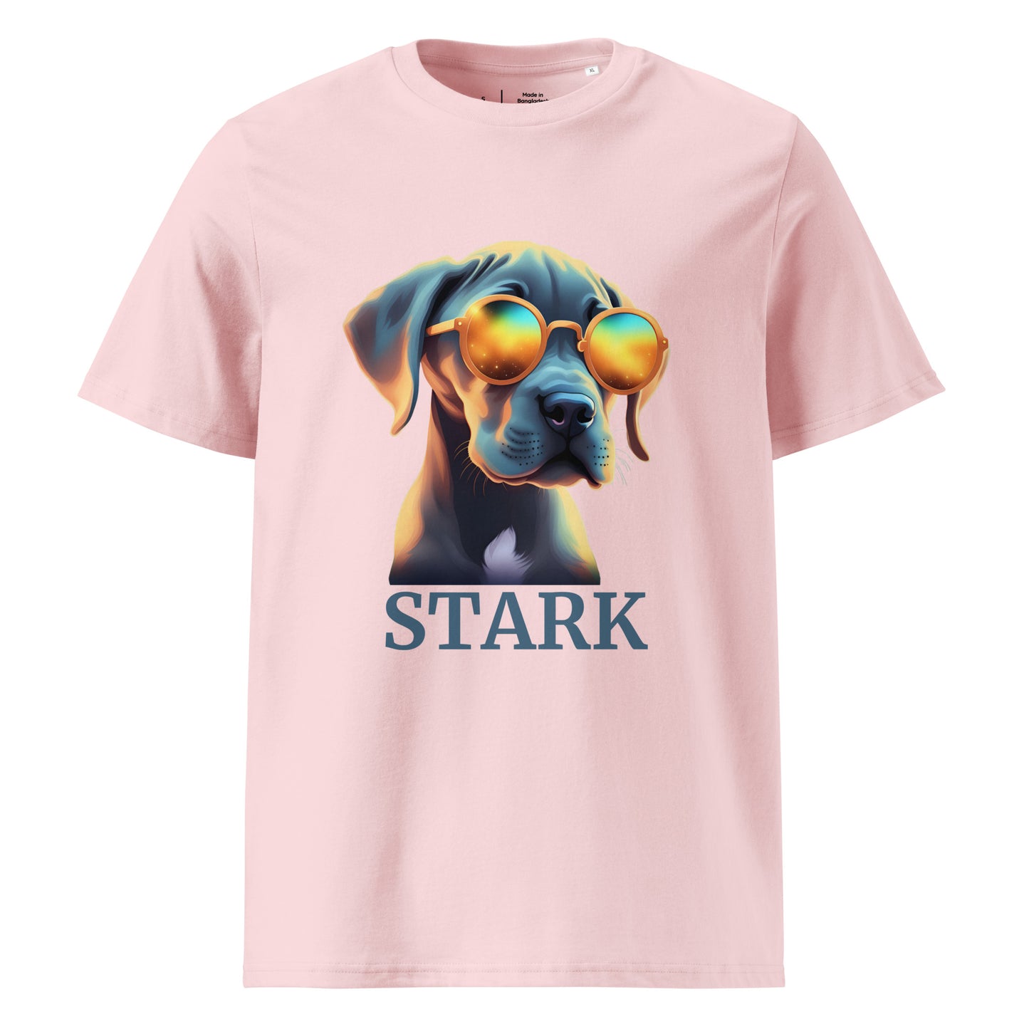 T-shirt de couleur rose clair manche courte 100% coton bio avec comme dessin un bébé dogue allemand avec des lunettes avec personnalisation de mettre le nom de votre propre dogue