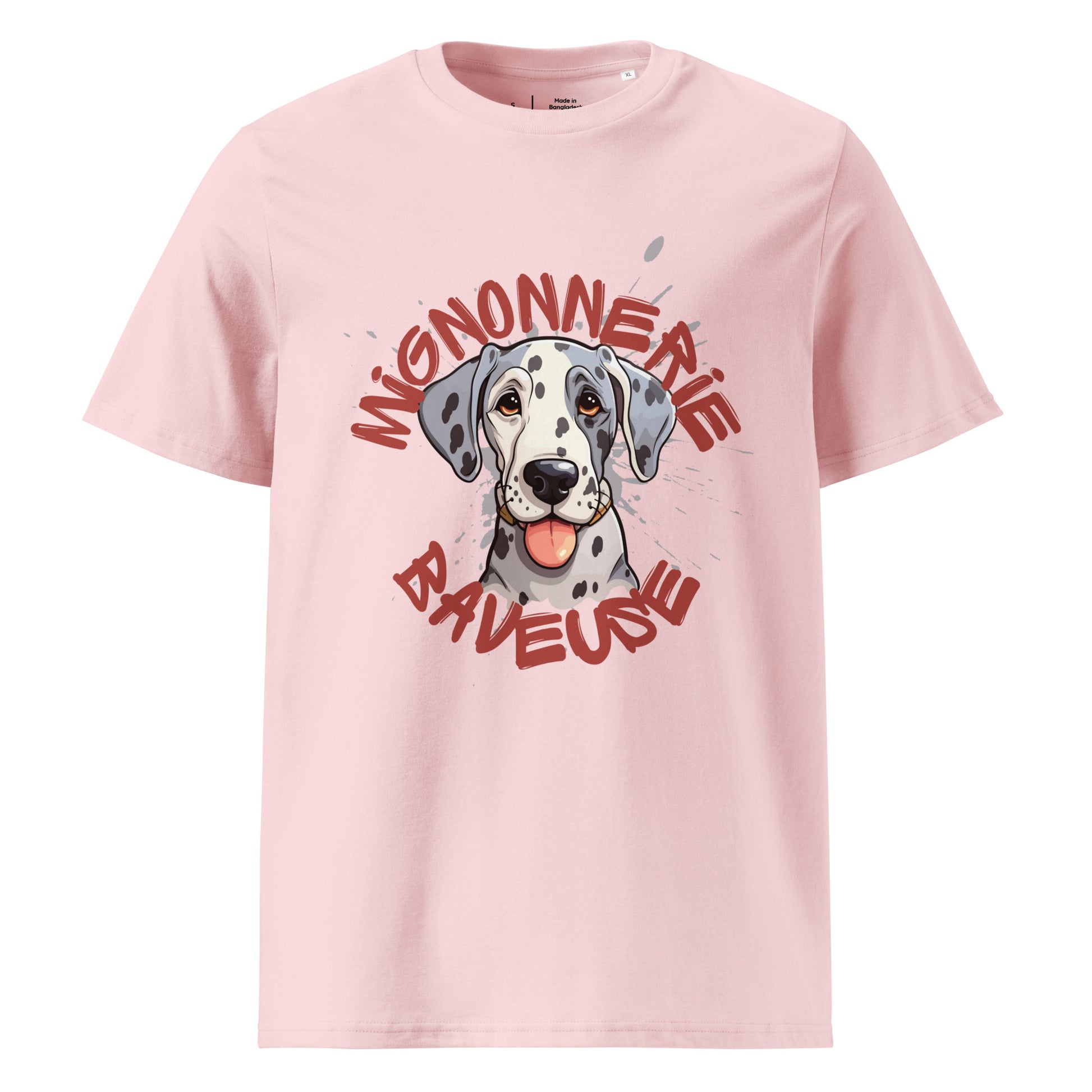 T-shirt de couleur rose encolure ronde et manche courte en 100% coton bio avec un dessin de Dogue Allemand Arlequin Avec écrit "Mignonnerie Baveuse"