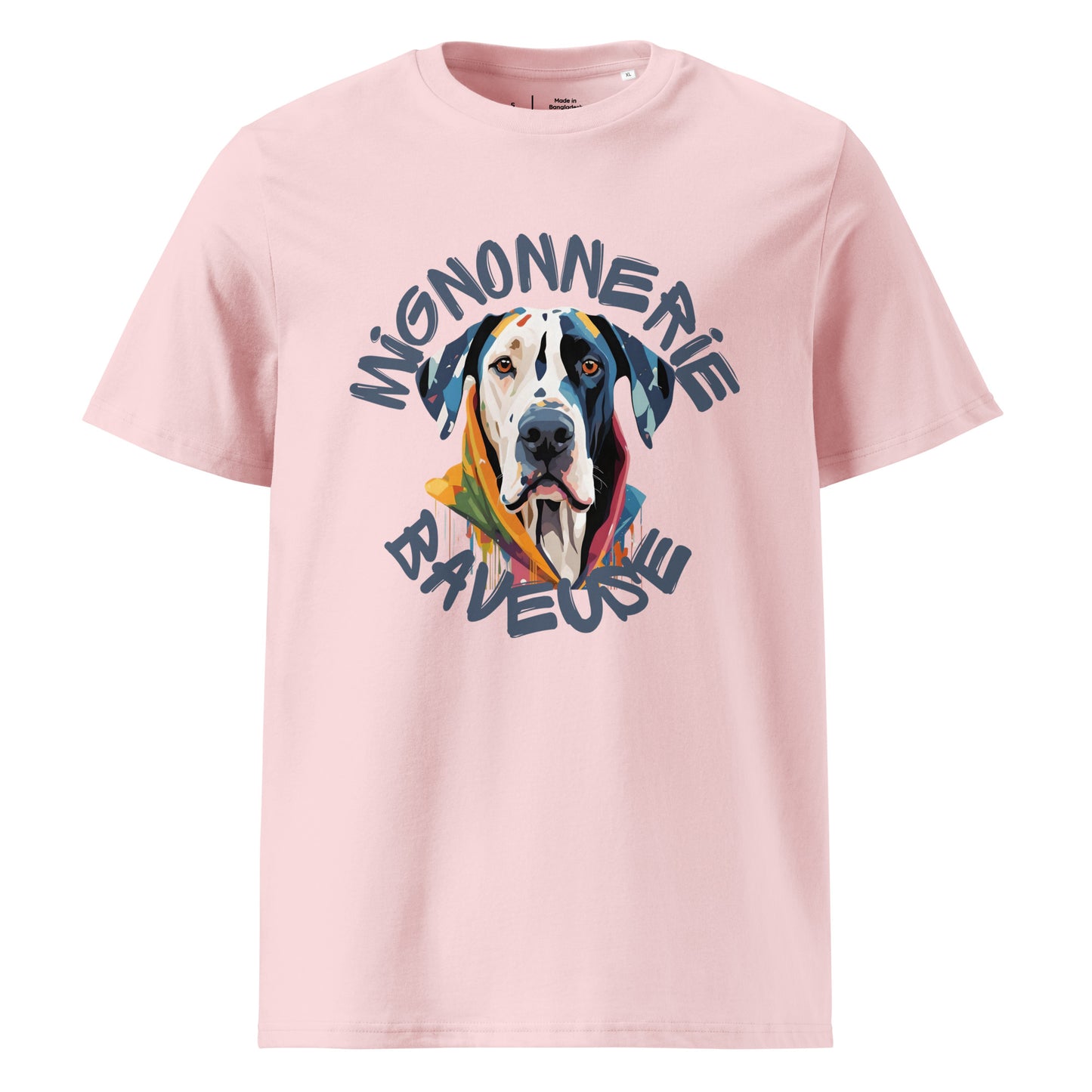 T-shirt couleur rose col rond manche courte 100% coton avec écriture "Mignonnerie Baveuse" autour d'un dessin de dogue allemand arlequin ou boston