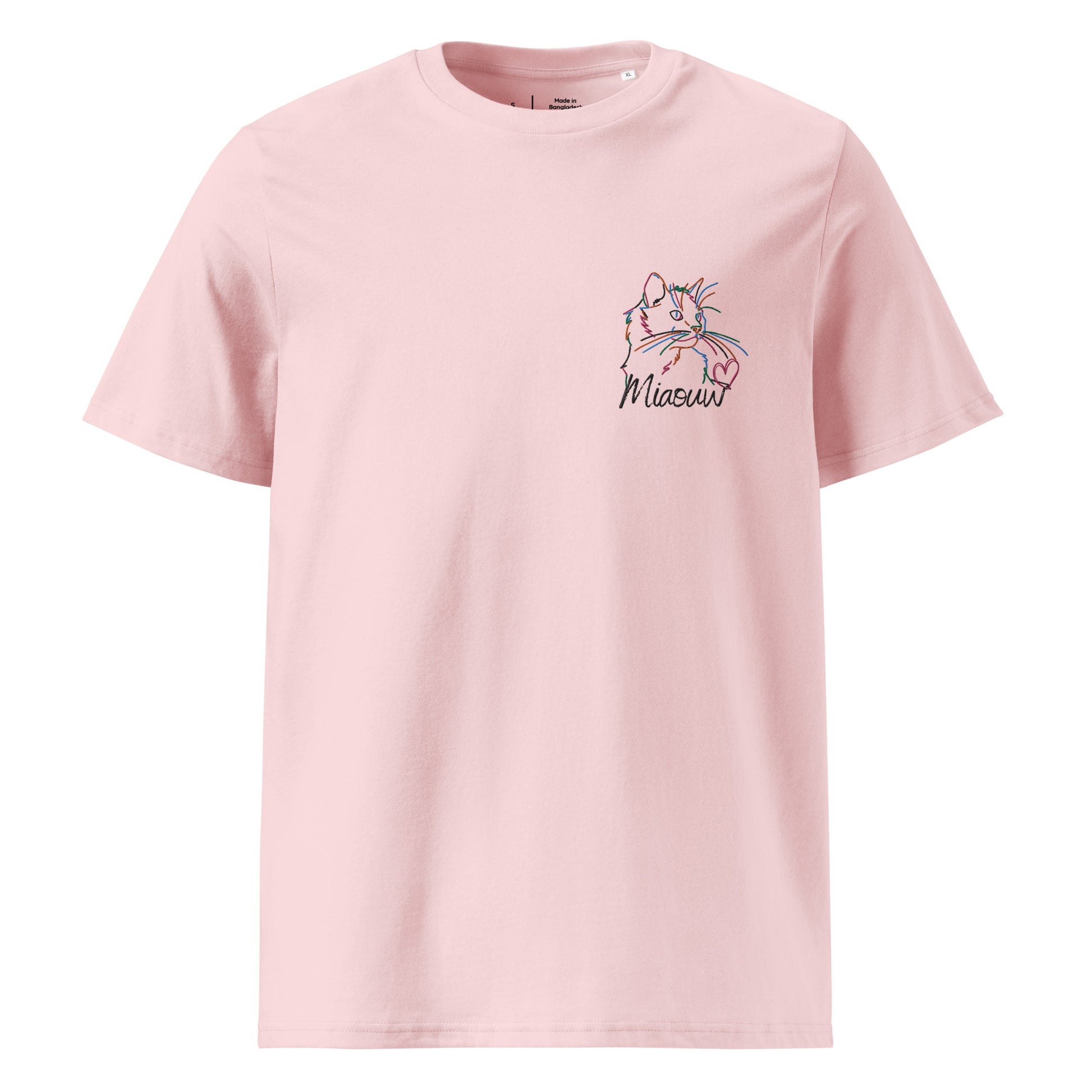 t-shirt rose clair col rond manche courte avec broderie colorée de chat avec inscription miaouw