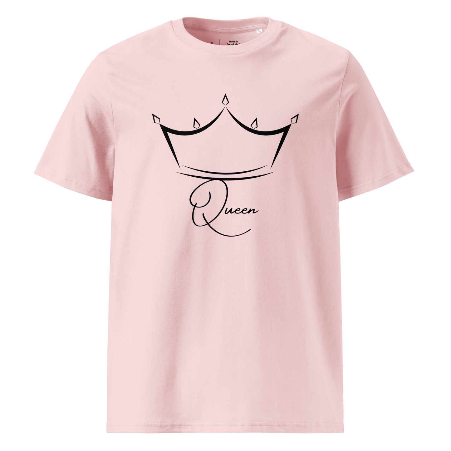 t-shirt rose clair encolure ronde manche courte 100% coton bio avec inscription Queen et le dessin d'une couronne