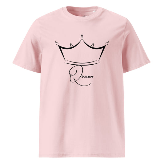 t-shirt rose clair encolure ronde manche courte 100% coton bio avec inscription Queen et le dessin d'une couronne