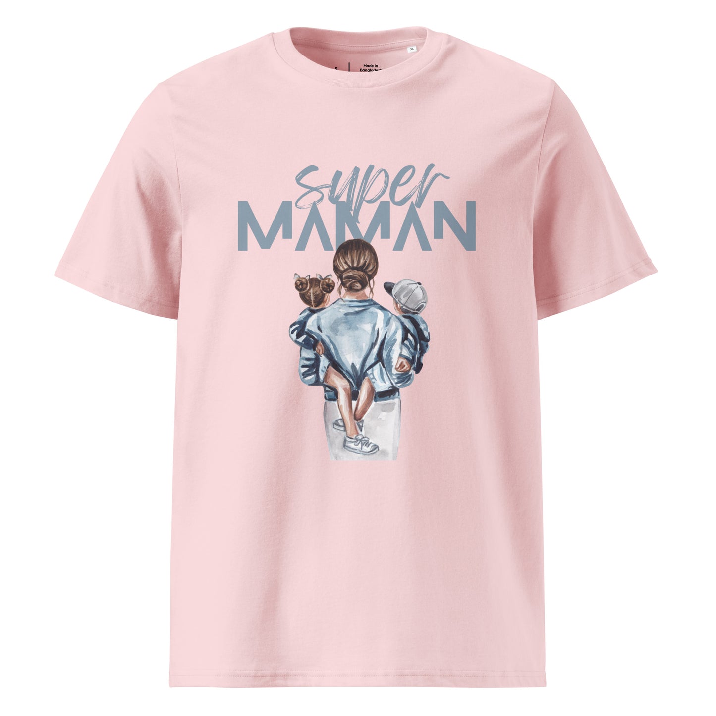 t-shirt rose clair encolure ronde manche courte 100% coton bio avec inscription "super Maman" et dessin d'une maman de dos portant ses deux enfants dans les bras