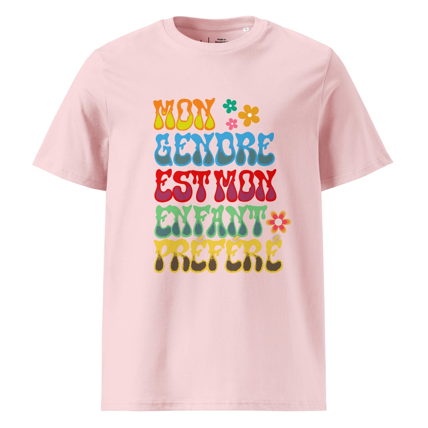 t-shirt de couleur rose clair 100% coton bio encolure ronde manche courte avec inscription colorée "mon gendre est mon enfant préféré"