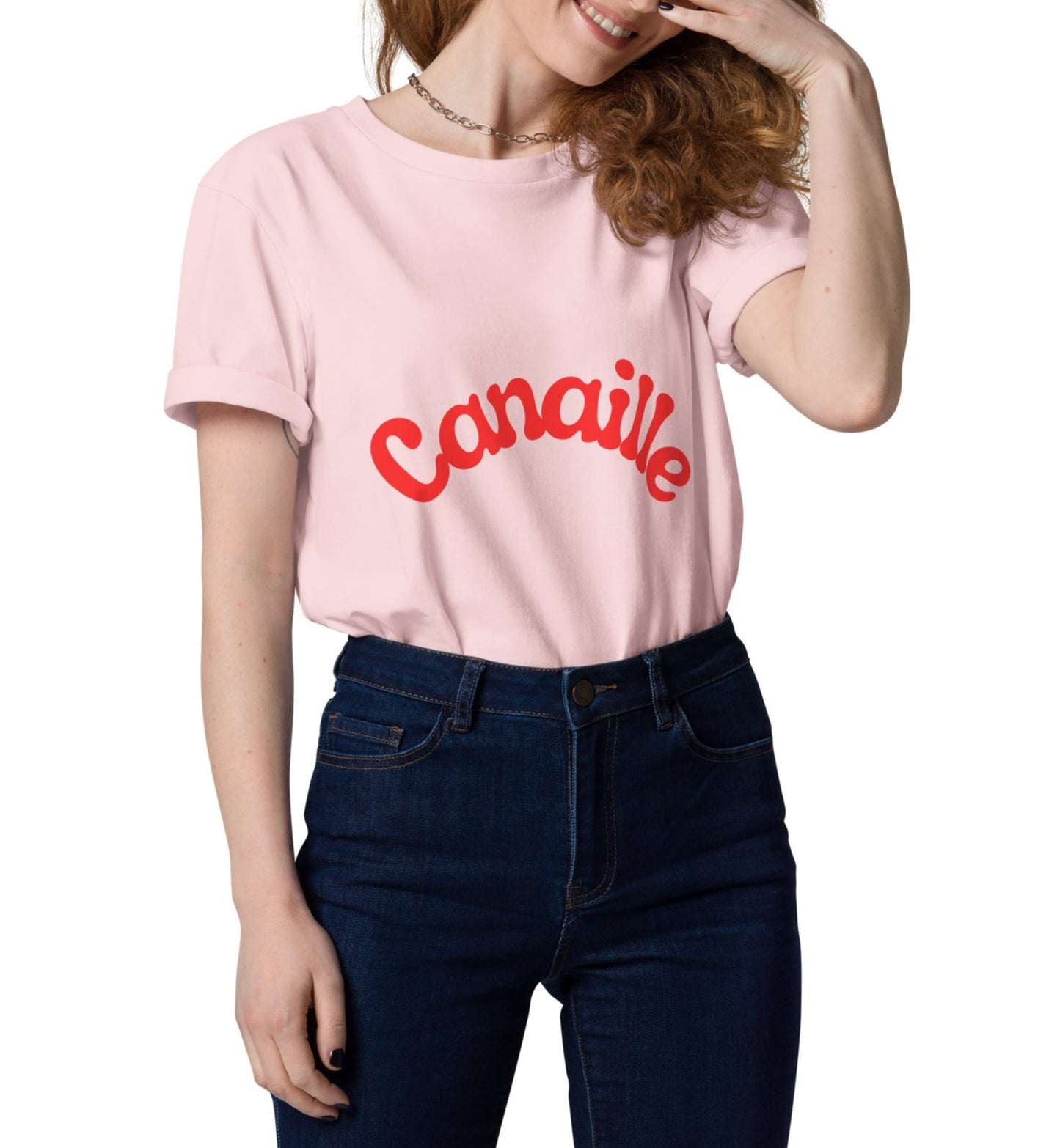 t-shirt unisexe rose col rond manche courte avec inscription : "Canaillou"