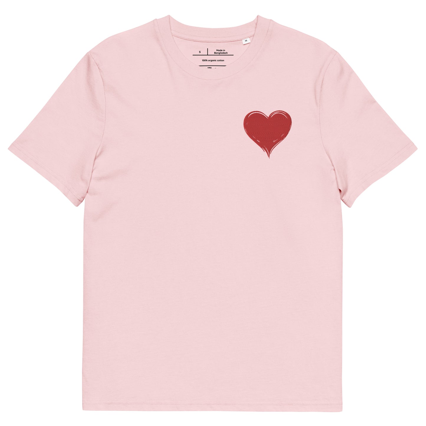 t-shirt rose col rond manche courte 100% coton bio avec un cœur rouge brodé