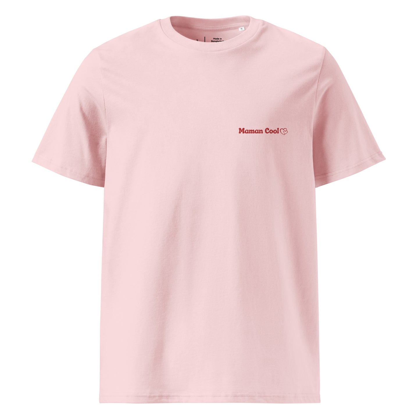 t-shirt rose col rond manche courte 100% coton bio avec inscription brodé "maman cool"